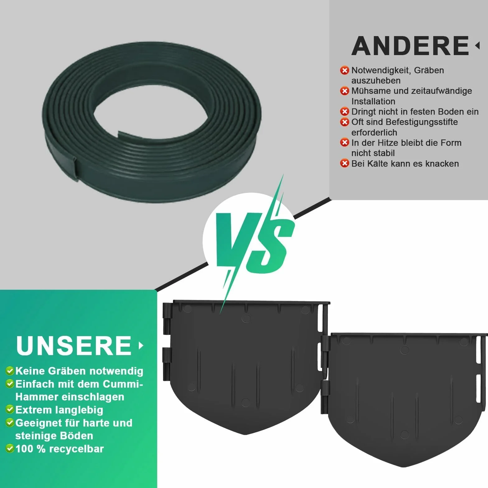 Plastikowe obrzeże trawnika 13 cm z recyklingu, stabilne, niewidoczne