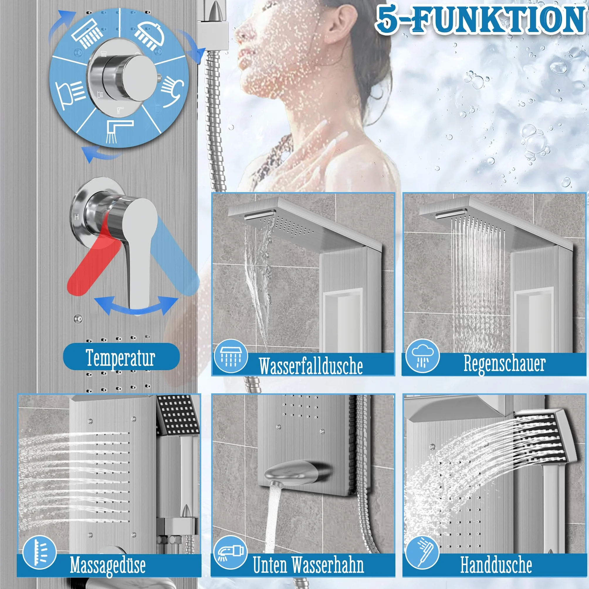FIVMEN Panel prysznicowy system prysznicowy ze stali nierdzewnej, kolumna prysznicowa, 5 funkcji, deszczownica, prysznic wodospadowy, dysze do masażu, słuchawka prysznicowa, armatura prysznicowa,