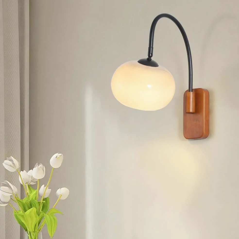 Drewniana lampa ścienna, regulowana, wewnętrzna, retro, ścienna lampa E27, obrotowa, vintage, industrialna lampka nocna z okrągłym szklanym kloszem, lampa ścienna do czytania, do sypialni, salonu, ho