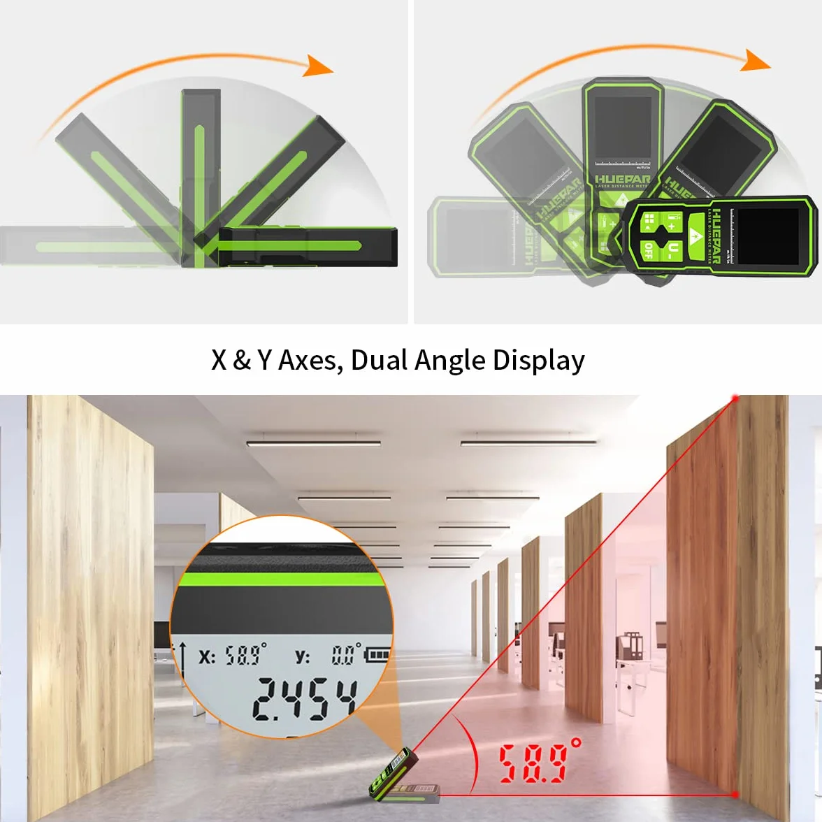 Huepar Laser Distance Measure 393Ft(120M) with Rechargeable Battery & Dual Angle Display, Laser Measure M/In/Ft with Mute Function & Multi-Measurement Modes, Pythagorean, Distance, Area&Volume-S120