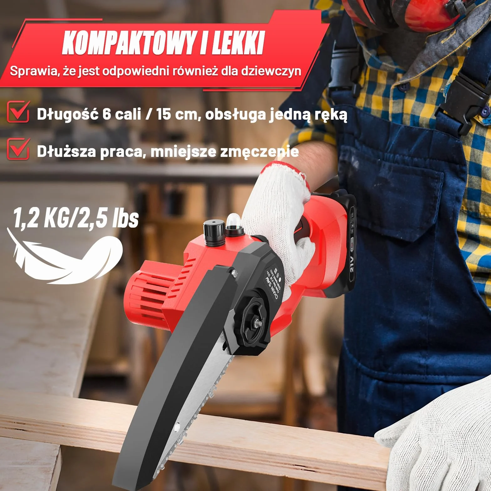 Mini Piła Łańcuchowa Bezprzewodowa 6 Cali, Elektryczna Piła z Silnikiem 800W, Systemem Instalacji Beznarzędziowej/Blokady Bezpieczeństwa, z 2 Akumulatorami 2000mAh do Przycinania Drzew, Cięcia Drewna