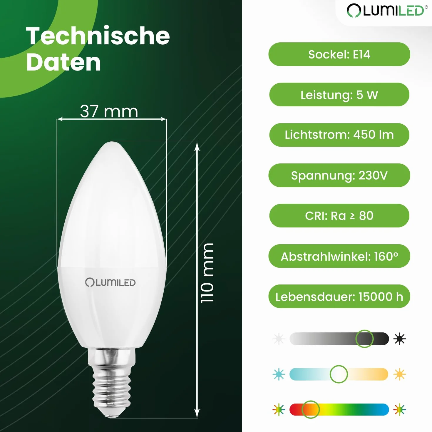 Lumiled Smart SAYO B35 żarówka LED E14 5 W (40 W) 450 lm, Wi-Fi, ściemniana, wielokolorowa, RGBW, Wi-Fi, timer, Smart Home, 16 mln kolorów, sterowanie za pomocą aplikacji, kompatybilna z Amazon Alexa