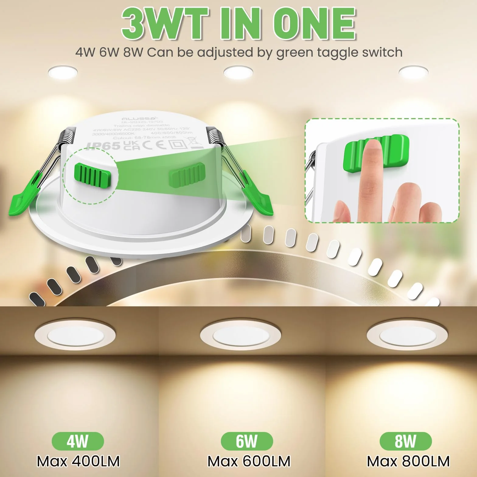ALUSSO Ściemniany Punkt LED 230V 3WT 4W/6W/8W 3CCT 3000K/4000K/6500K Wodoodporny IP44 Regulowany Wbudowany Reflektor Suﬁtowy do Łazienki, Salonu, Opakowanie 10szt, Okrągły, Biały