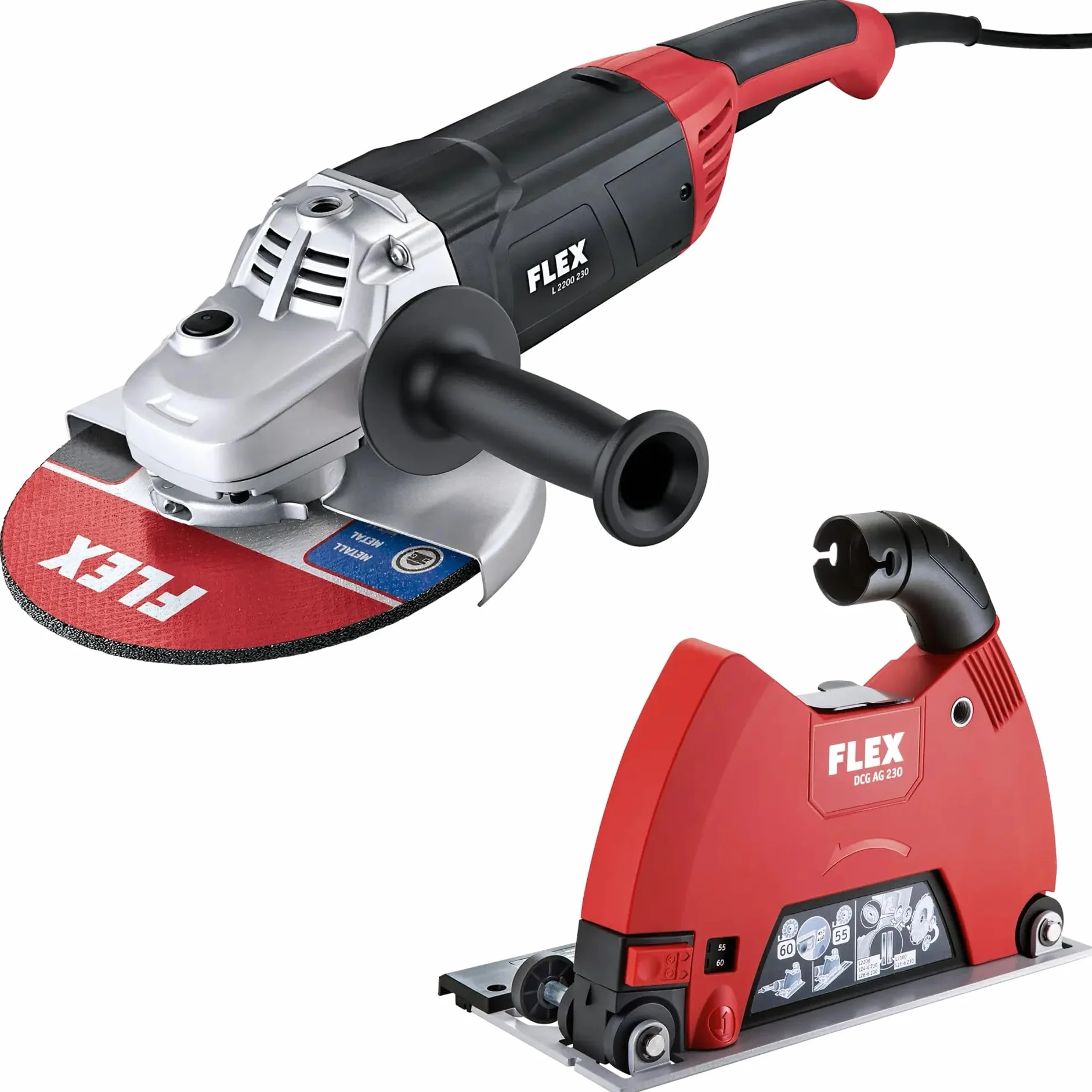 FLEX Aktion L 2200 + DCG AG 230 – 2200 W szlifierka kątowa + osłona odsysająca (maks. średnica tarczy 230 mm, waga 5,8 kg, długość kabla 4 m) 534511