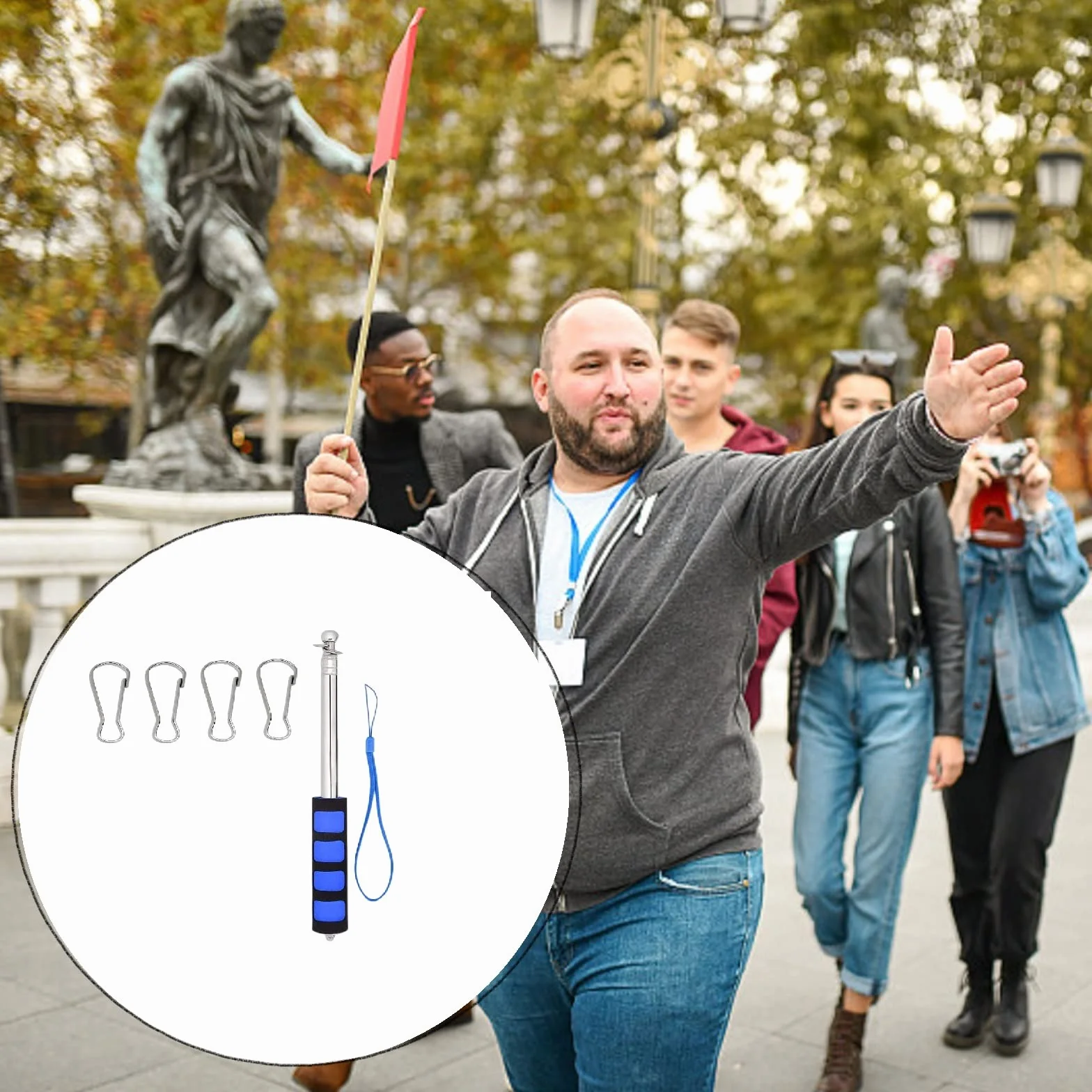Teleskopowy drążek na flagę, ręczny drążek na flagę, ze stali nierdzewnej, z 4 karabińczykami, na podróż, kemping, dla nauczycieli, wycieczek, zawodów, niebieski