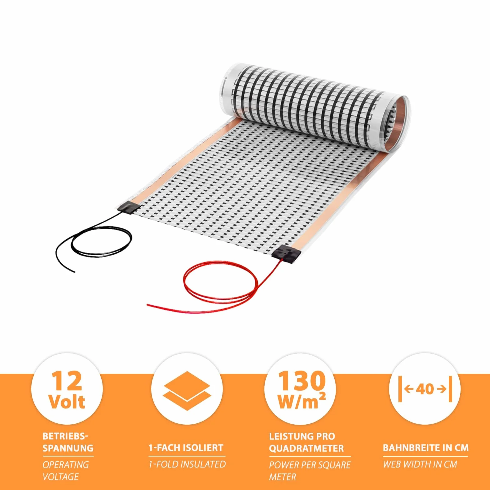 Mi-Heat Carbon folia grzewcza 3,5 m 12 V AC/DC, szerokość 40 cm, 130 W/m² – ogrzewanie podłogowe do przyczep kempingowych, temperowanie akumulatorów, ogrzewanie do terrarium, inkubatora, szklarni