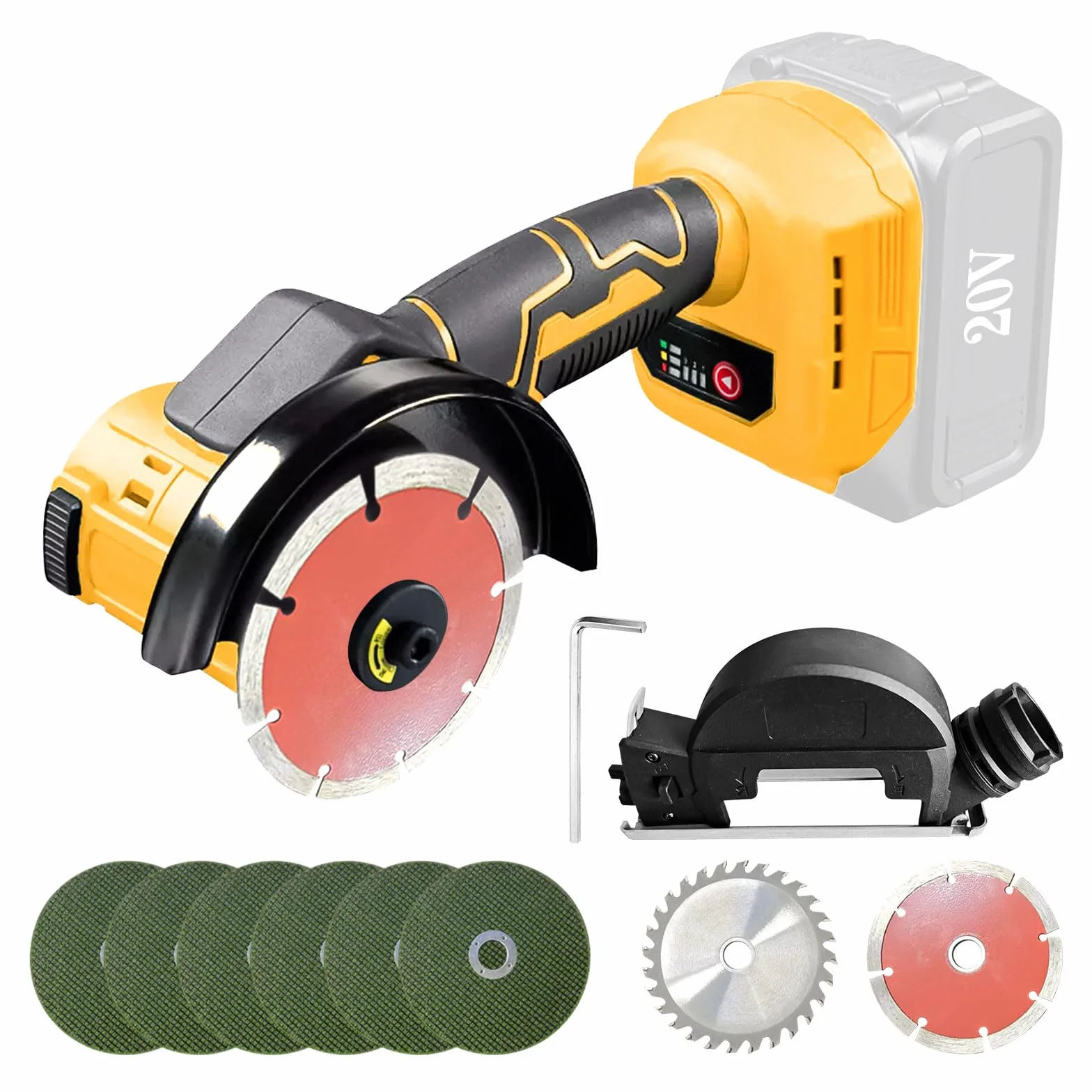 Bezszczotkowa akumulatorowa szlifierka kątowa kompatybilna z Dewalt 20 V, 500 W, 10 cm, mini szlifierka akumulatorowa z 9 ostrzami pił, 3 prędkości dla wydajnego szlifowania (bez baterii) (z płytą