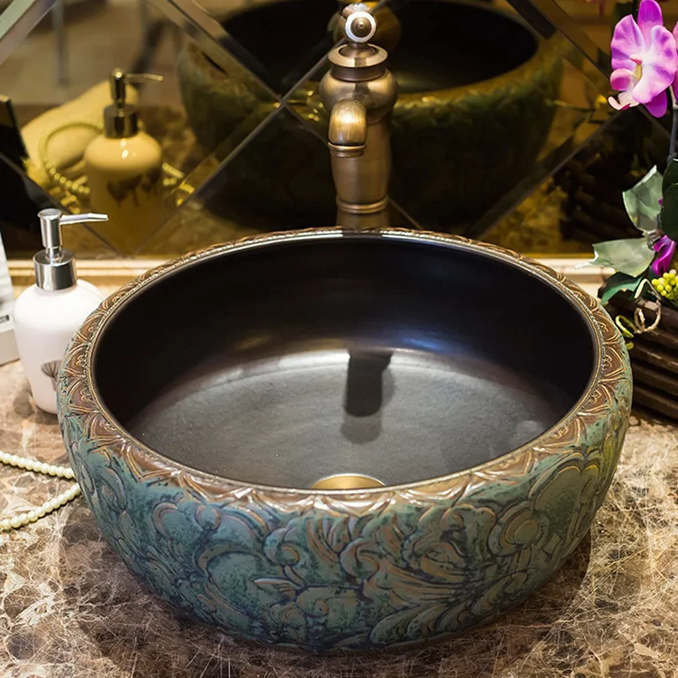 Umywalka Ceramiczna Nablatowa W Stylu Retro, Okrągła, Ręcznie Robiona, Umywalka Łazienkowa, Umywalka Artystyczna, Gładka Wewnętrzna Ścianka, Łatwa Do Czyszczenia, 40 Cm /