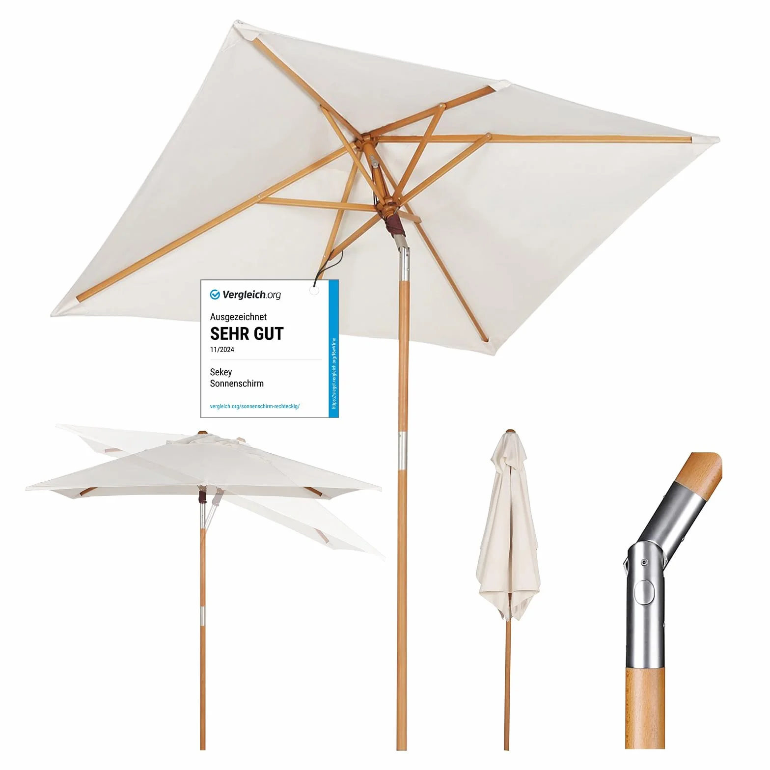 Sekey prostokątny drewniany parasol przeciwsłoneczny 200 × 150 cm ogrodowy składany UV50+