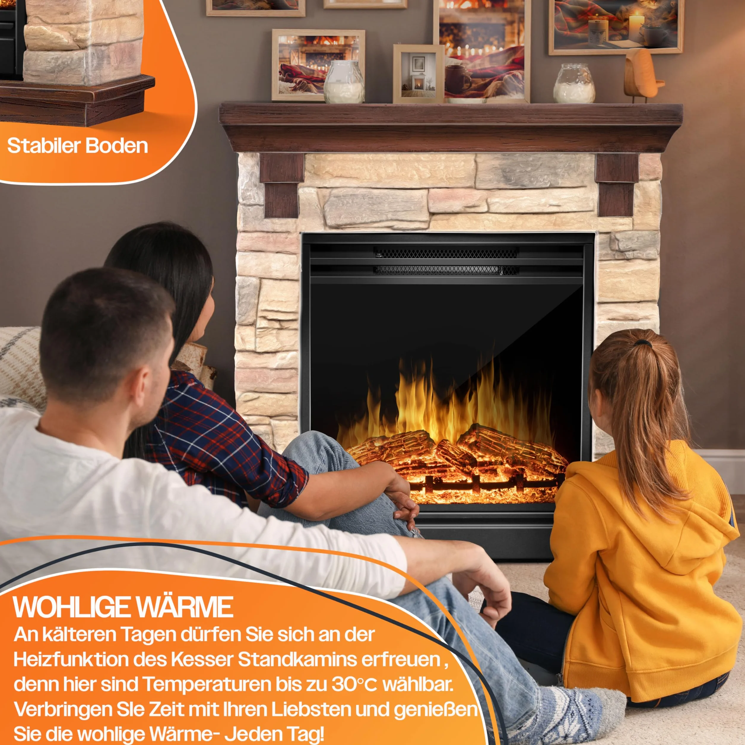 KESSER® Kominek elektryczny, stojący, z efektem płomienia LED 3D, z funkcją ogrzewania, przyciemniania, kominek elektryczny o mocy 1800 W, timer, termostat, pilot zdalnego sterowania, naturalny/ brąz