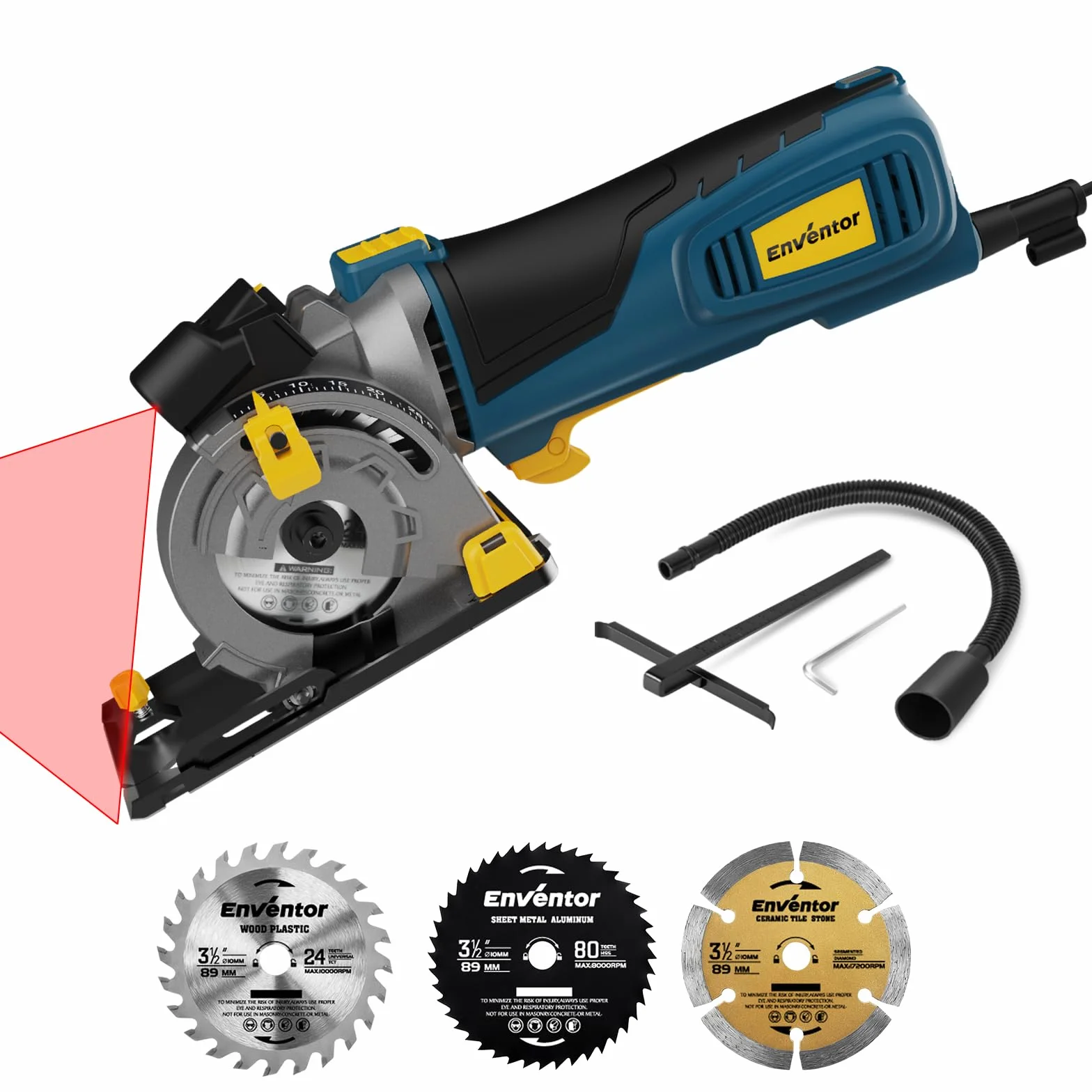 Enventor Mini Pilarka Tarczowa 600W, Miniaturowa Ręczna Pilarka Tarczowa z Linijką Skalową i Prowadnicą Laserową, 5500RPM, 3 Brzeszczoty, Do Drewna, Płytek, Tworzyw Sztucznych i Cienkich Metali