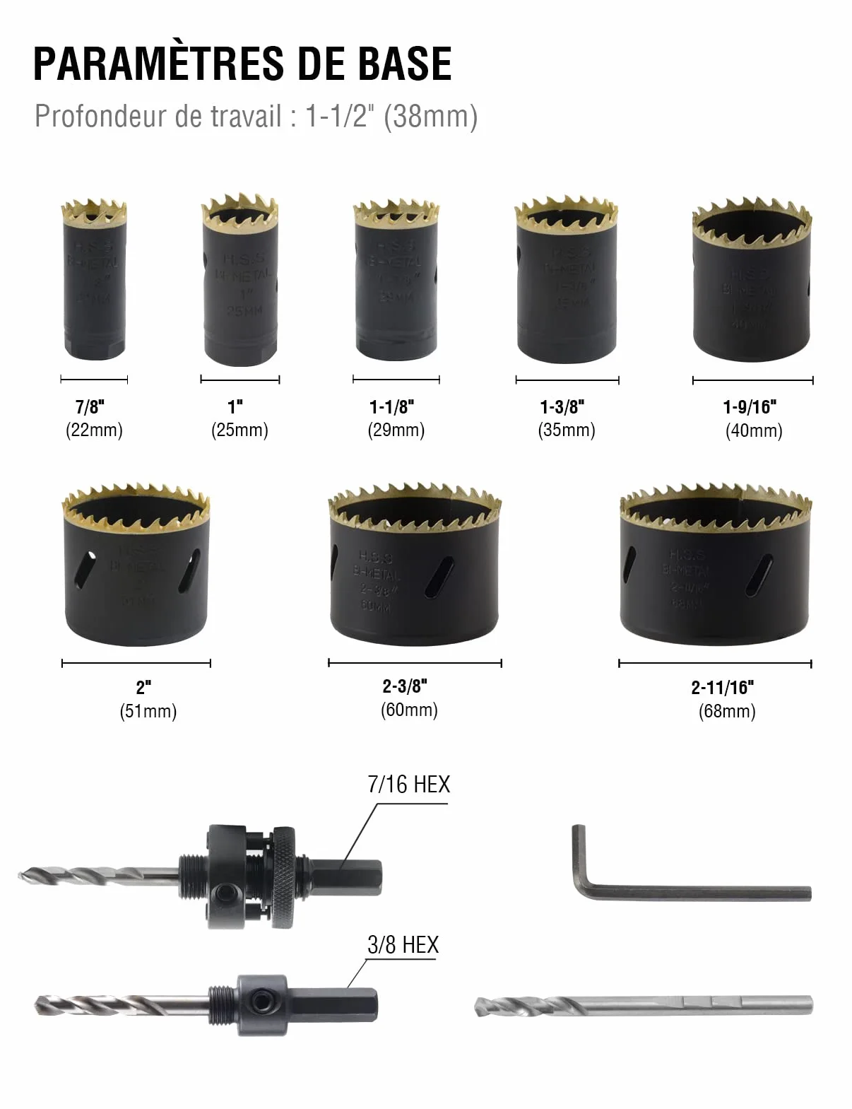 BINOTA M42 Bimetaliczny zestaw 22-68 mm, do metalu, drewna, sklejki, PVC, płyty pilśniowej, płyty gipsowo-kartonowej, zestaw 22 25 29 35 40 51 60 68 mm