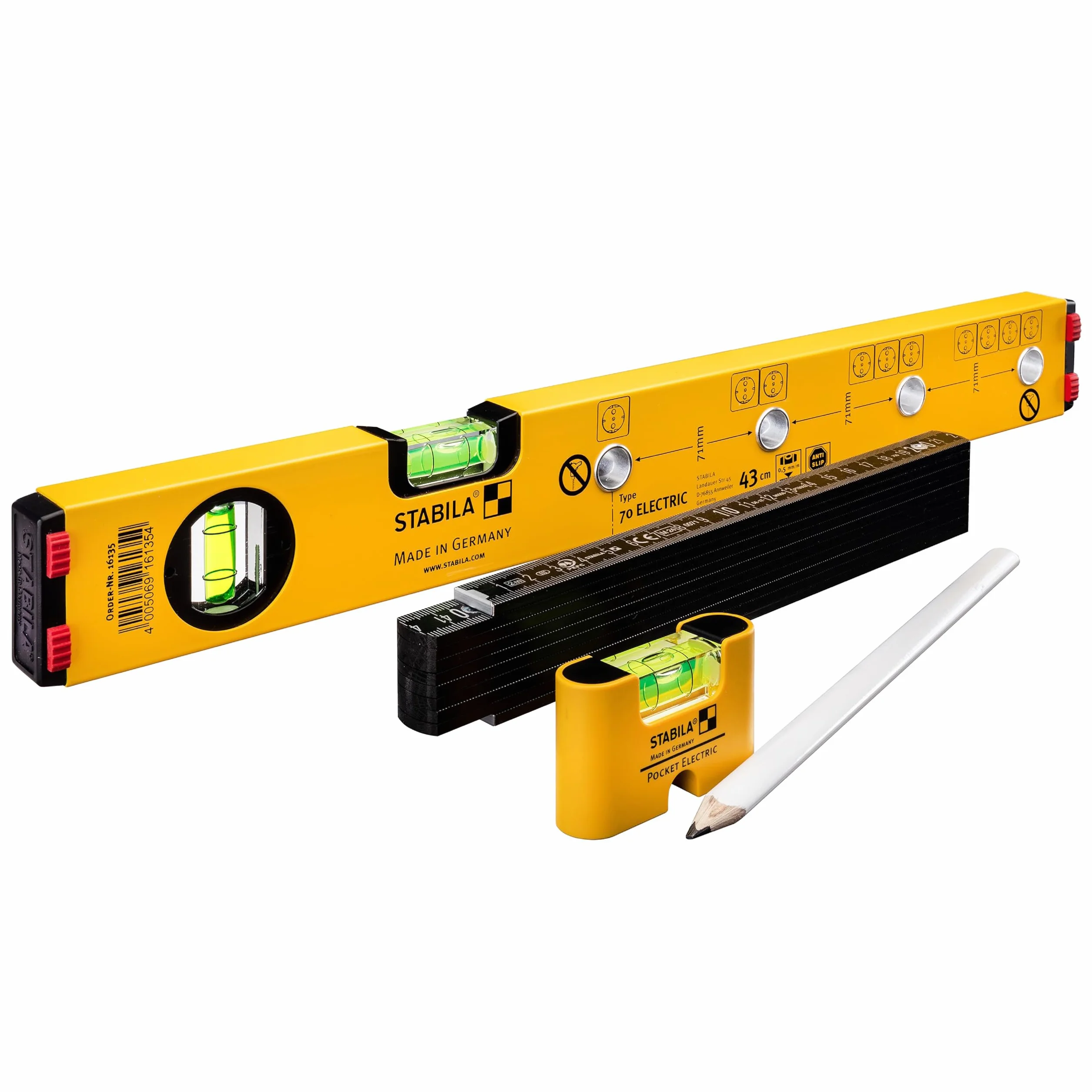 STABILA ELECTRIC ZESTAW - elektryczny zestaw poziomicy typu 70 Electric / 43 cm z otworami do oznaczania, mini poziomica Pocket Electric /7 cm, calówka typ 707 P /2 m (certyfikat PEFC), ołówek typu ZB