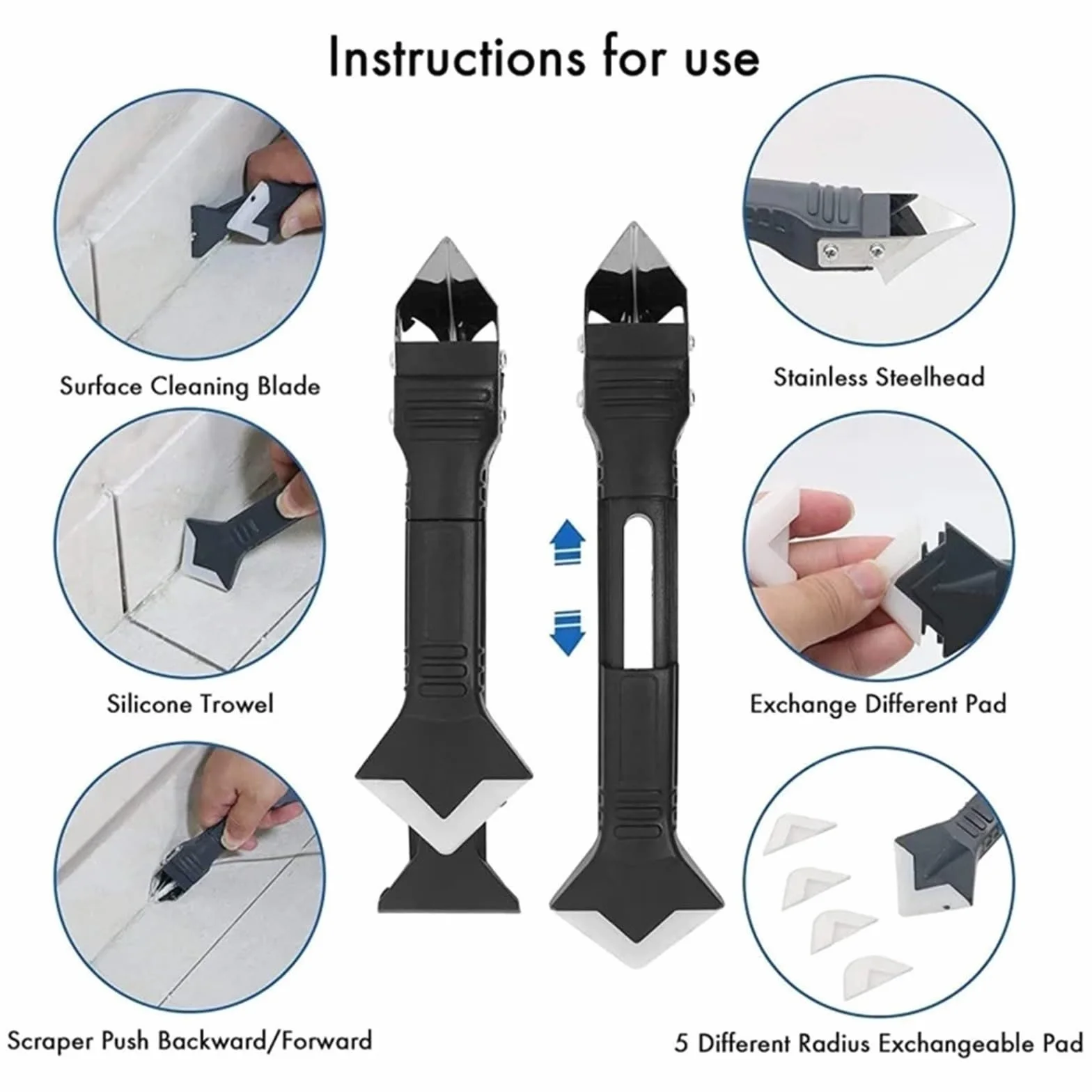 1Pcs 5 In 1 Silicone Scraper Glue Caulk Remover Caulking Finisher Smooth Grout Beauty Sewing Kit Floor Mould Removal Hand Tools Set(5IN1 Metal Head)
