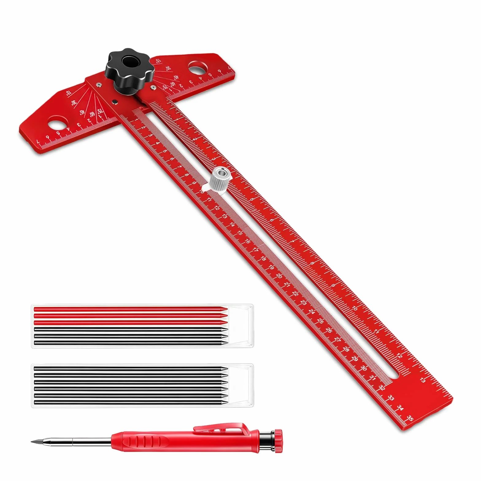 Flintronic Linijka T-Square, 350 mm, wielofunkcyjne narzędzie pomiarowe do obróbki drewna, regulowany kąt 0-180°, linijka do obróbki drewna z markerem głębokich otworów, ołówkiem i 12 wkładami