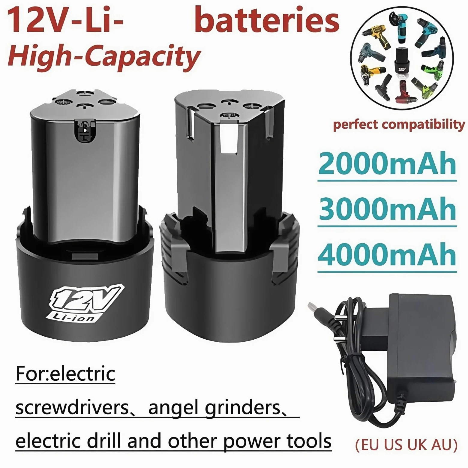 Akumulator litowo-jonowy 4000mAh typu B 12 V i ładowarka. Kompatybilny z wkrętarką elektryczną, wiertarką elektryczną, szlifierką kątową, elektronarzędziami(2pcs-4.0Ah-charger)