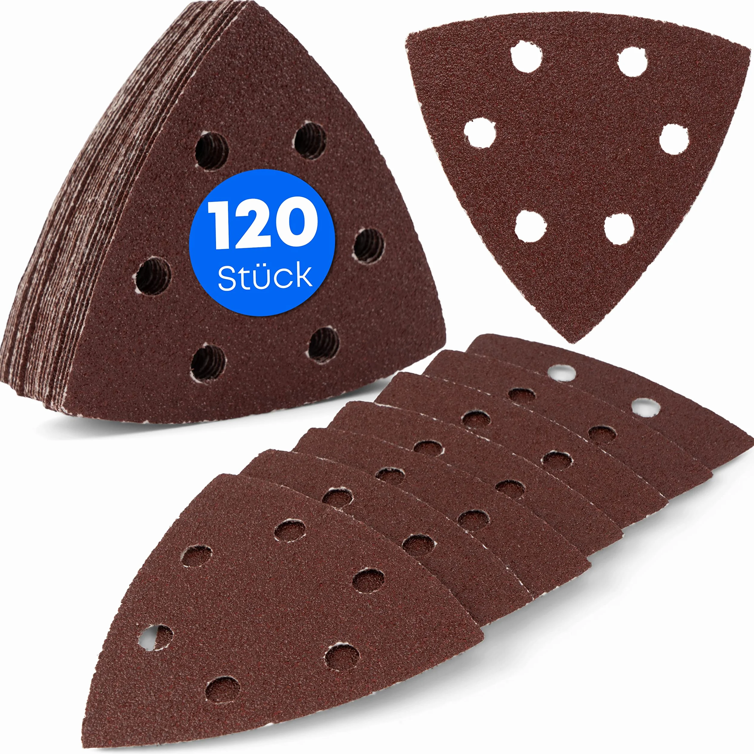120 sztuk/trójkątne tarcze szlifierskie Delta / 6 otworów / 93 x 93 x 93 mm/po 20 x ziarno 40-60 - 80-120 - 180-240 / do szlifierek delta/arkuszy szlifierskich / trójkątnych podkładek szlifierskich / papieru ściernego