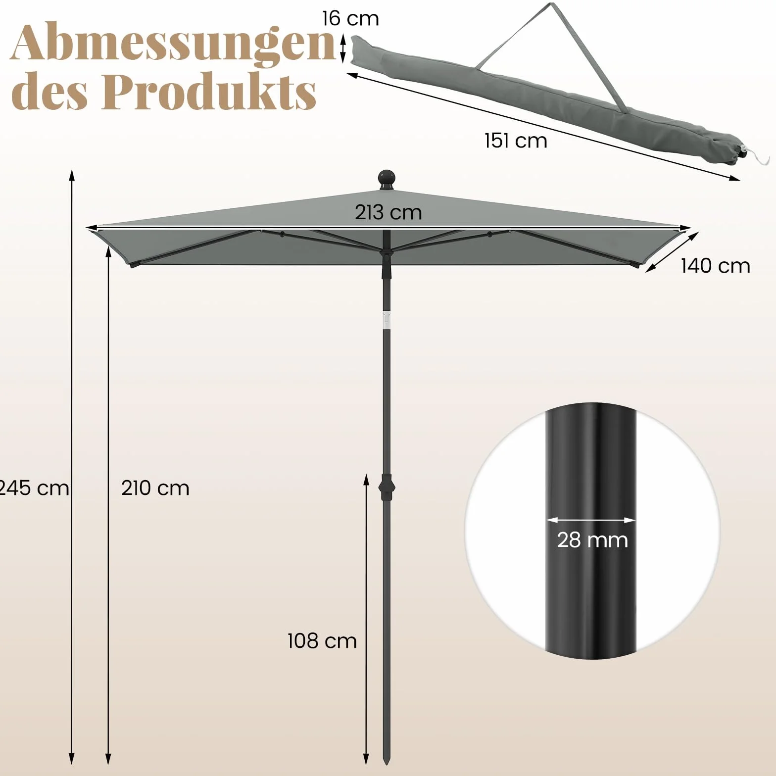 COSTWAY Parasol przeciwsłoneczny prostokątny 210 x 140 cm składany z obu stron 30°
