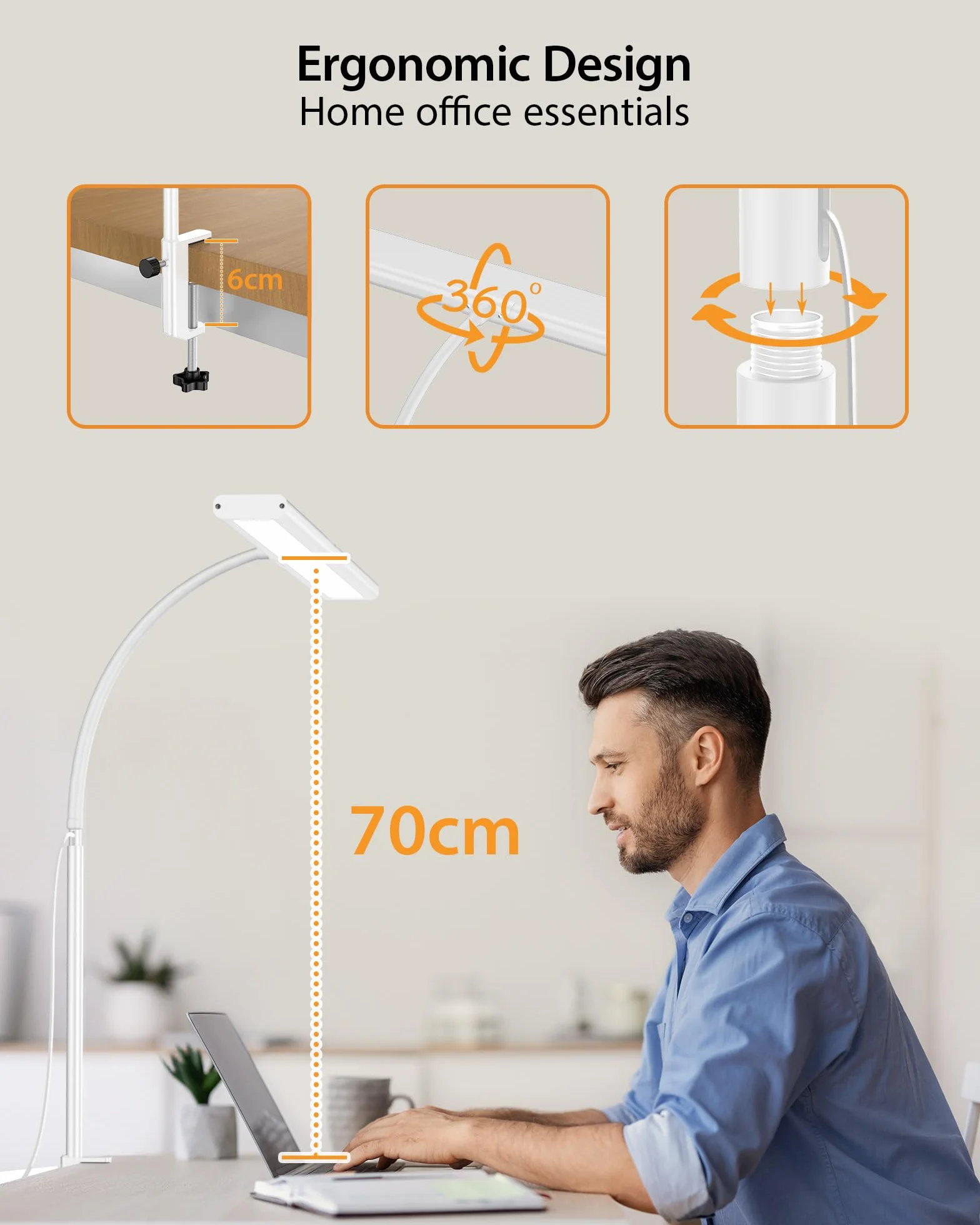 iFalarila [Wersja 2025] Lampa biurkowa 160 LED z zaciskiem 30 trybów, jaśniejsze lampy stołowe 360° Elastyczna lampa do czytania z ładowarką USB do pracy, nauki lub czytania-70CM
