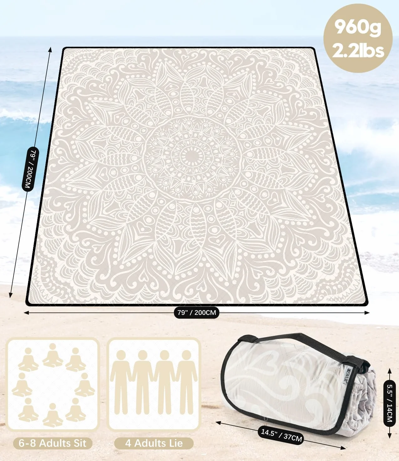 DEWUR Koc piknikowy wodoszczelny XXL 200x200 cm mata kempingowa izolowany aluminium khaki