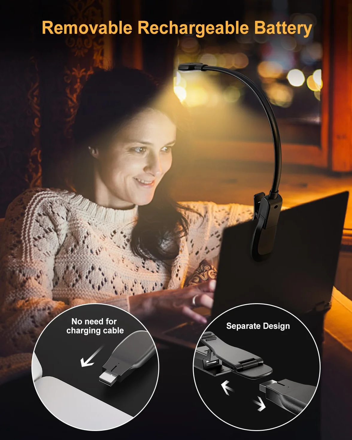 Lampka do czytania 16 LED, 【Odłączane ładowanie USB】 Yifacoom Lampki do książek w nocy w łóżku z 3 trybami ochrony oczu (bursztynowy, ciepły i naturalny), funkcja pamięci i bezstopniowe ściemnianie