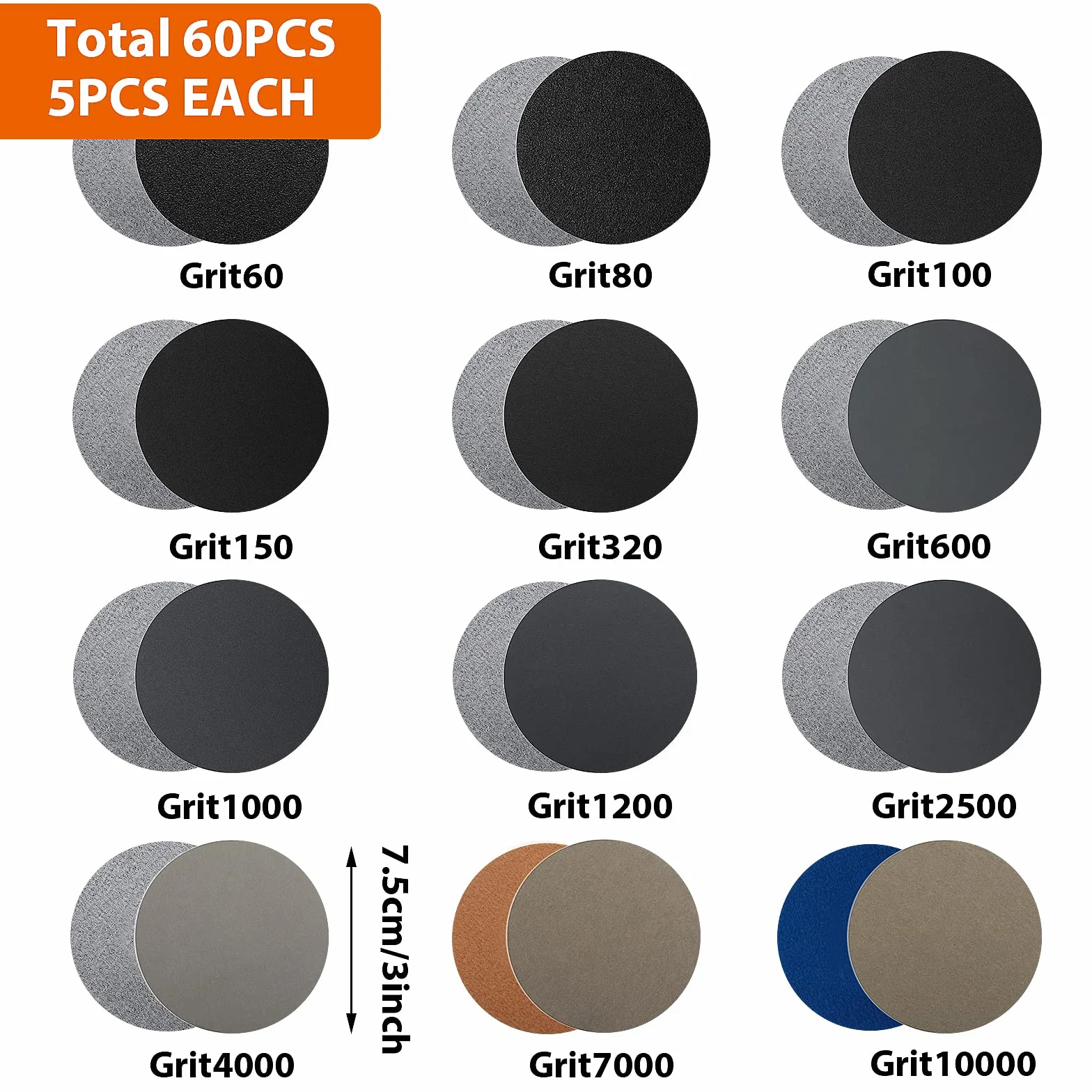 ASTER 60 sztuk papieru ściernego, okrągłe, 75 mm, krążki szlifierskie, ziarnistość: 60, 80, 100, 150, 320, 600, 1000, 1200, 2500, 4000, 7000, 10000, rzep, suche, mokre podkładki do polerowania metalu,