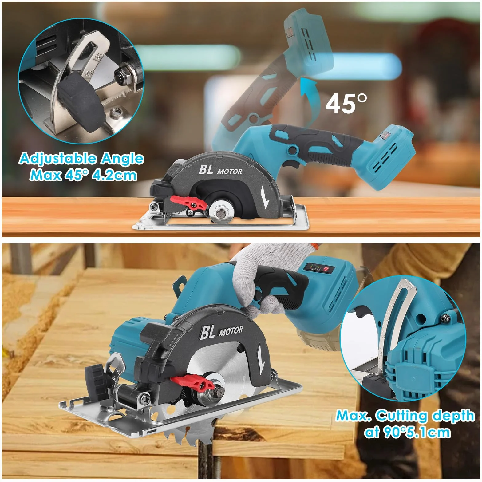 Bezszczotkowa mini piła tarczowa, ręczna piła tarczowa do Makita 18 V akumulator litowo-jonowy z 3 brzeszczotami, może ciąć po przekątnej 6000 obr./min wielofunkcyjna piła do obróbki drewna (bez