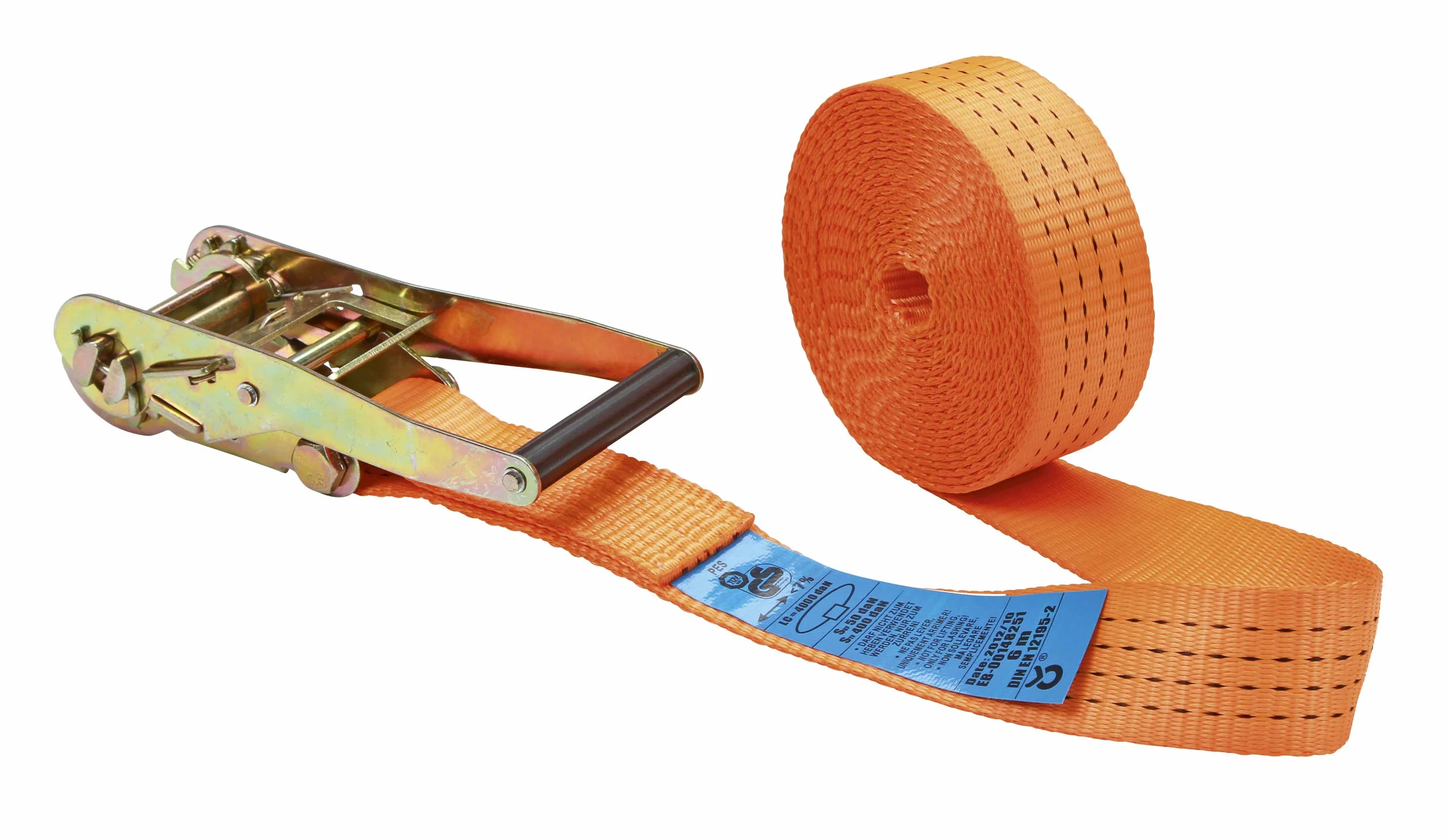 Kerbl 37147 pas mocujący z grzechotką 1 część 50 mm x 6 m do obciążenia 2000 do 4000 kg pomarańczowy