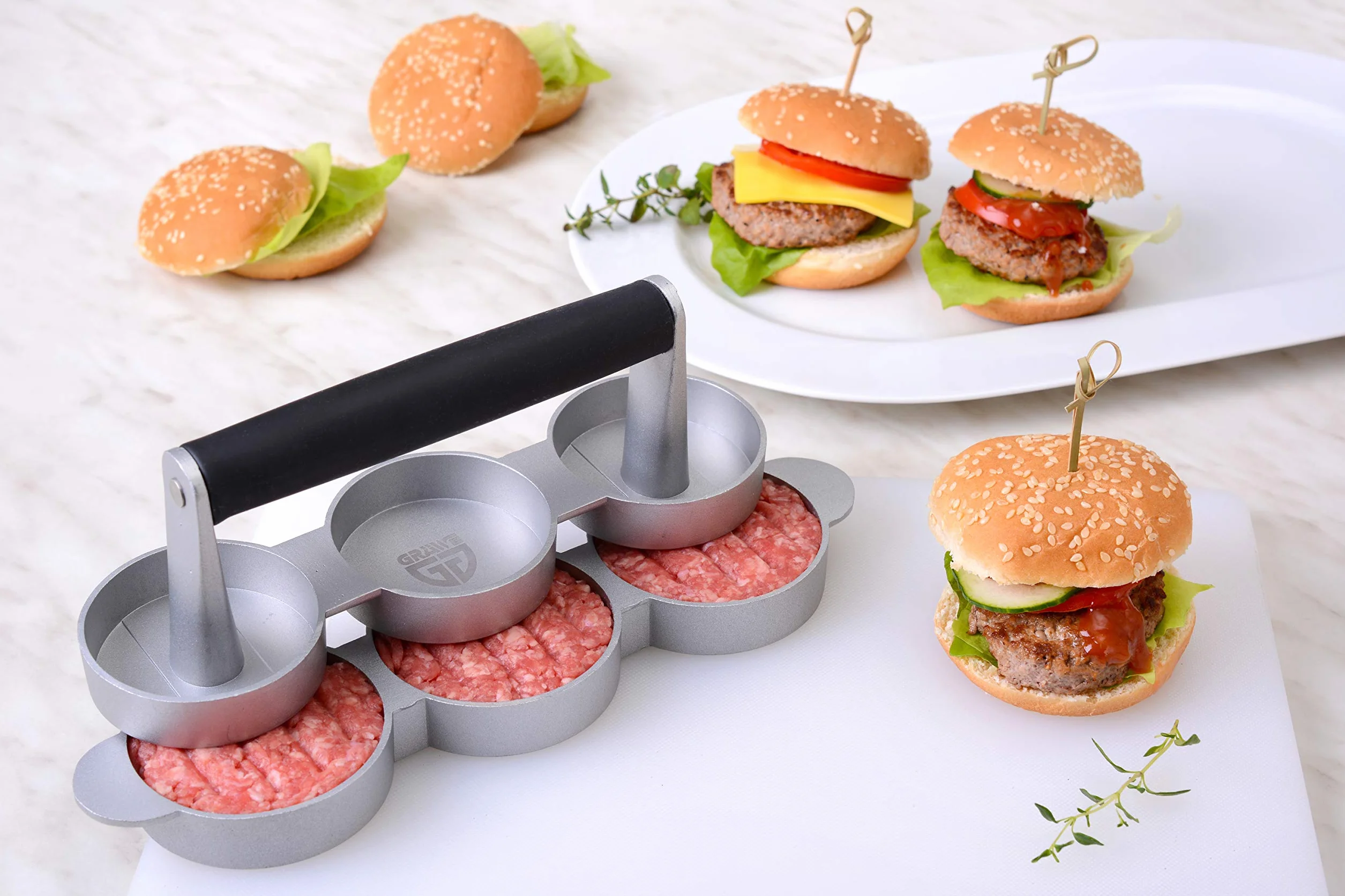 GRÄWE Prasa do hamburgerów 3 mini burgerów odlew aluminiowy powłoka nieprzywierająca 60 arkuszy papieru