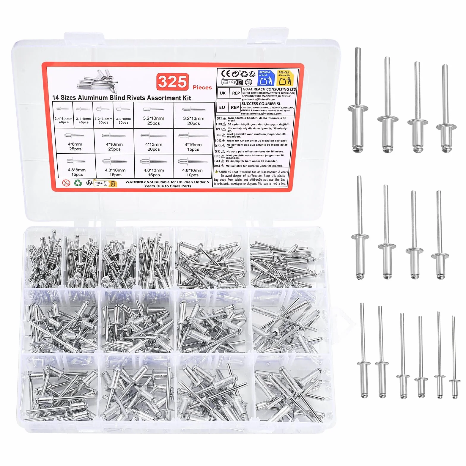 Asortyment 325 sztuk nitów Pop, aluminiowe nity z otwartym końcem, do metalu, drewna, tworzywa sztucznego (2,4 mm, 3,2 mm, 4 mm, 4,8 mm)