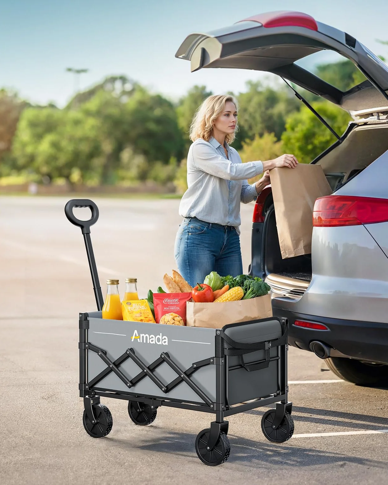 AMADA HOMEFURNISHING Składany wózek transportowy 163 kg 90 l z uchwytami na napoje