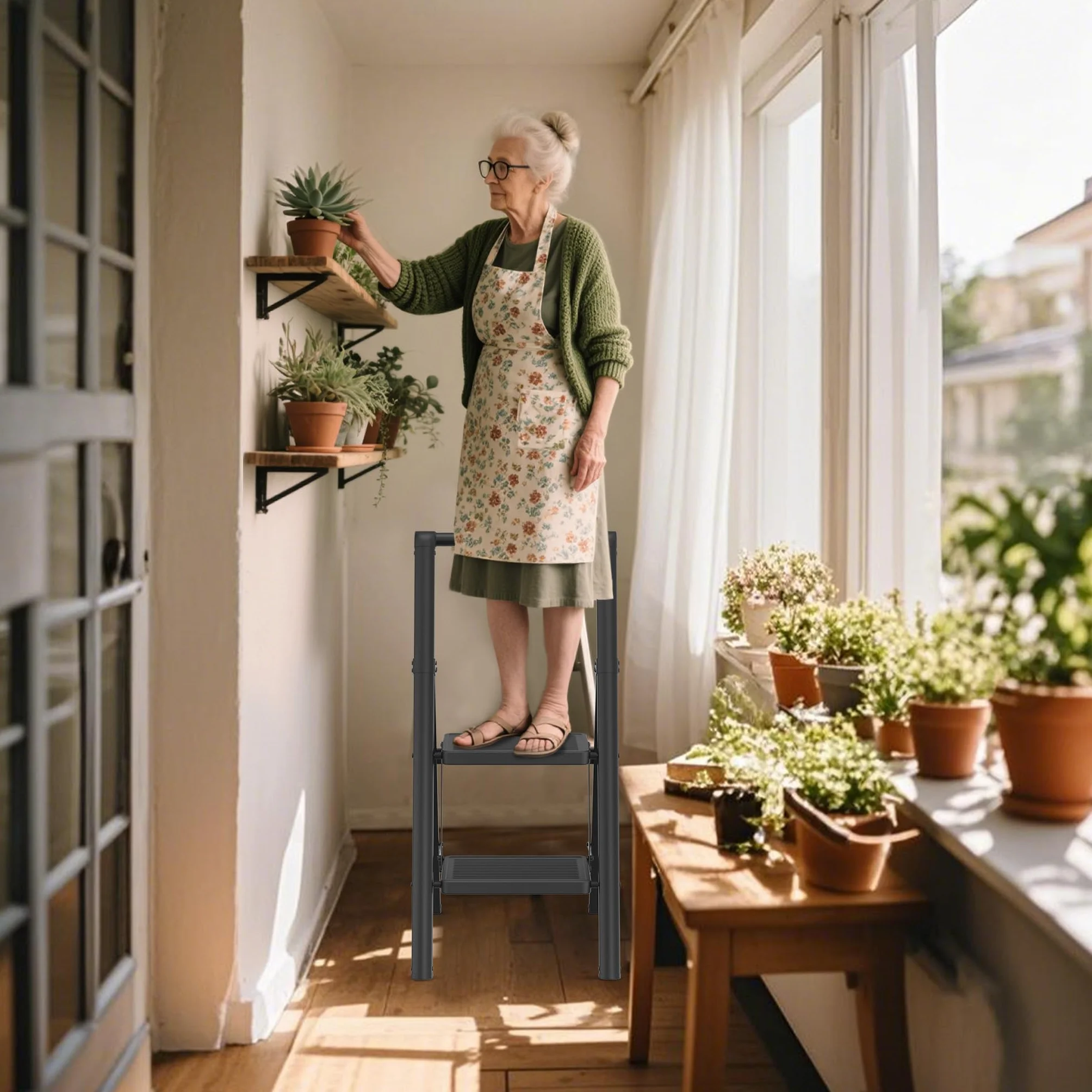 YRHome 2-stopniowa drabina składana, z szerokim, antypoślizgowym pedałem i poręczą, wielofunkcyjna drabina domowa, do 250 kg, czarna, do gospodarstwa domowego, kuchni