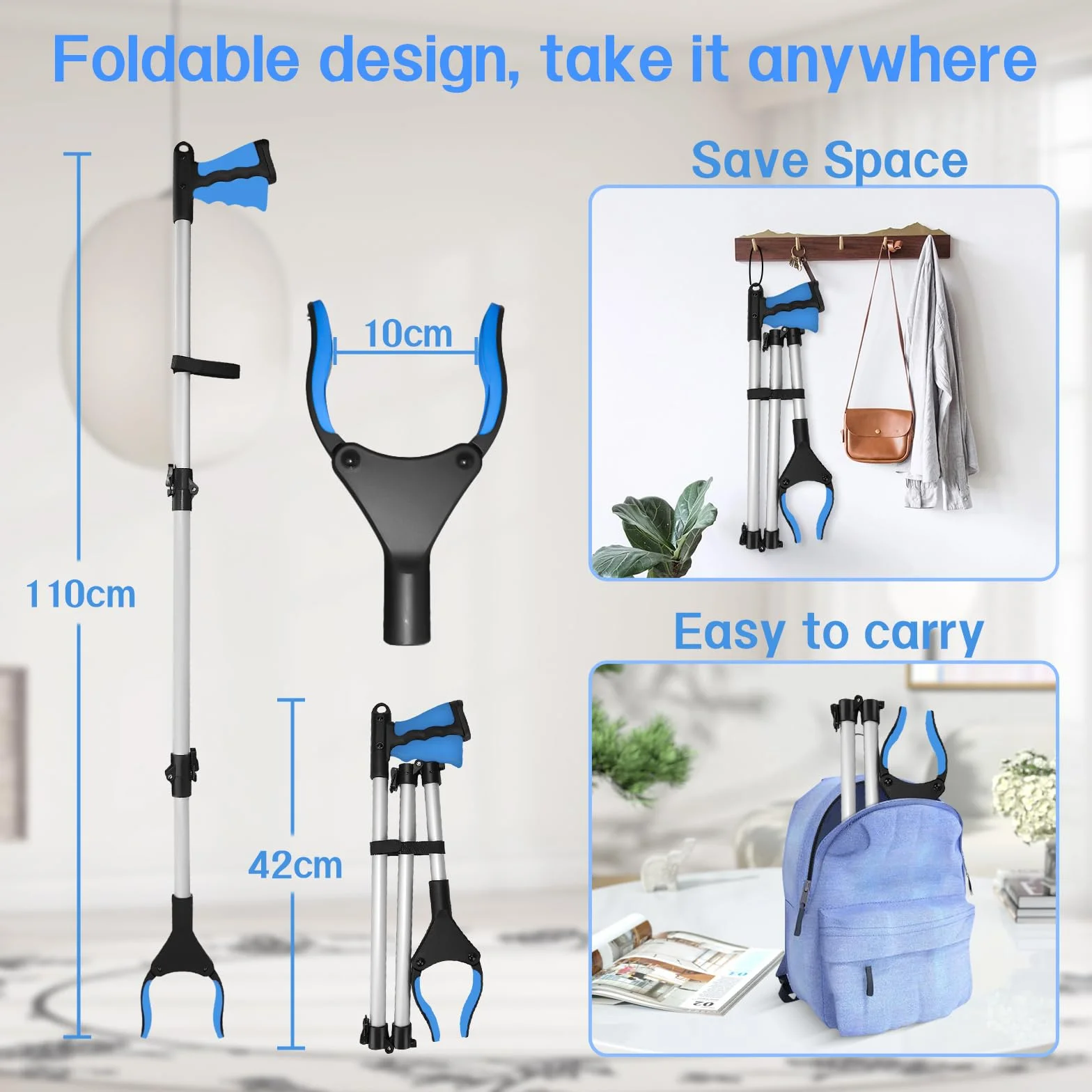 Szczypce chwytające 110 cm dla seniorów, stabilne, składane szczypce do śmieci z aluminium, obracana o 360°, chwytak do śmieci z magnetycznymi końcówkami, antypoślizgowa szczęka i wygodny