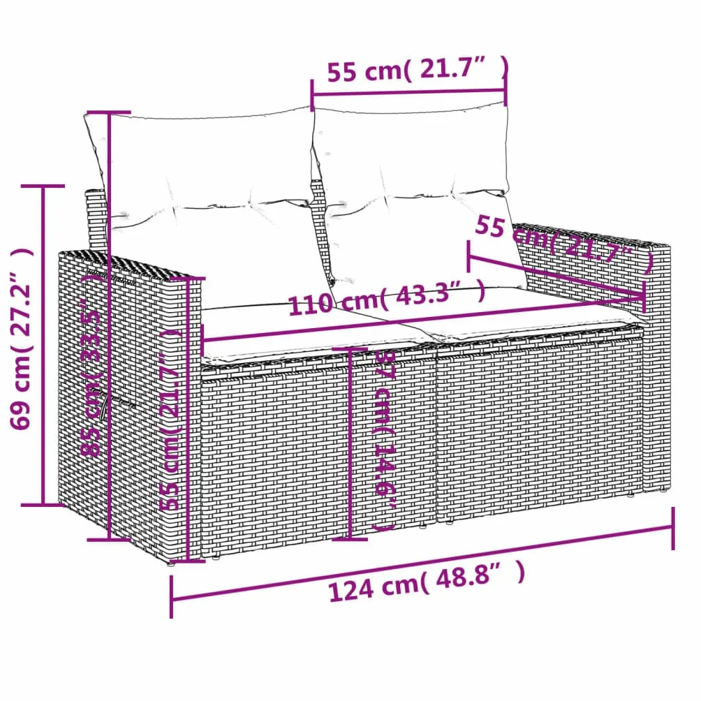 vidaXL Sofa ogrodowa z poduszkami, 2-osobowa, szara, polirattan, kanapa ogrodowa, siedzisko ogrodowe, 2-osobowa sofa ogrodowa, kanapy ogrodowe