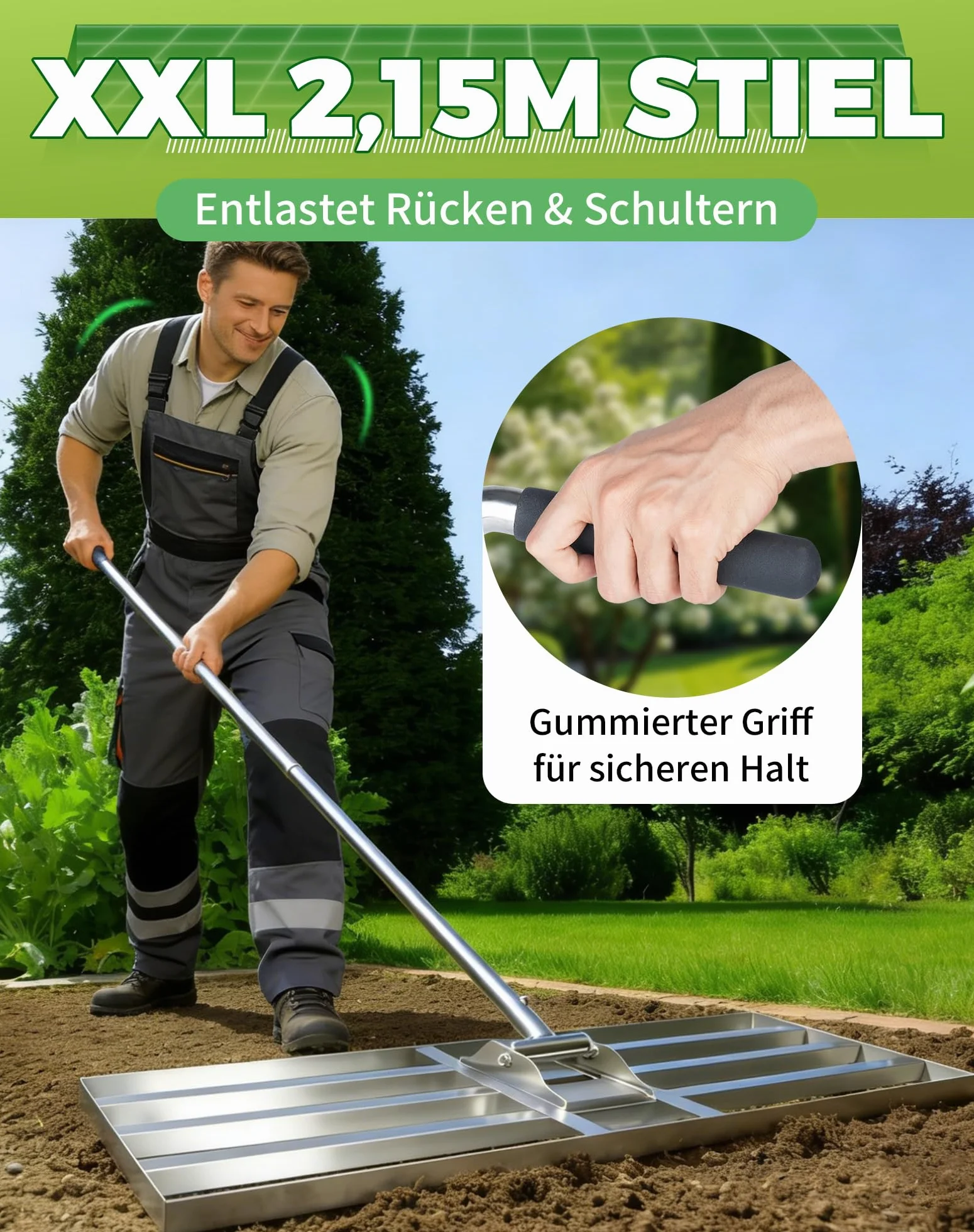 GrabiNivelator do trawnika 80×30 cm regulowany metalowy trzonek 140-215 cm