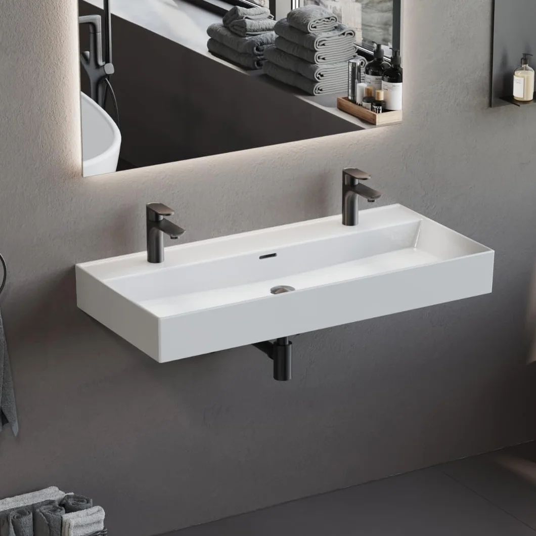 Aqua Bagno podwójna umywalka ceramiczna 100 cm biała – prostokątna, 2 otwory na baterię, nowoczesny design, montaż ścienny lub na meblu
