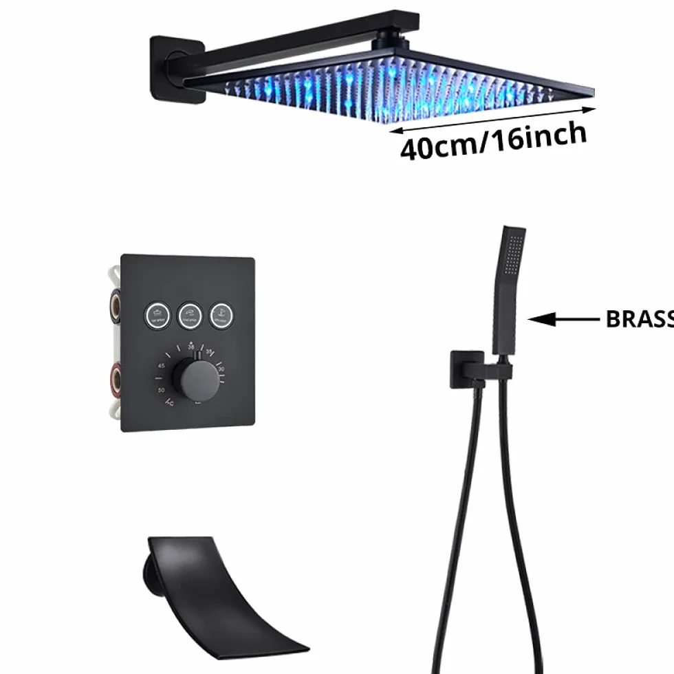 Luksusowa czarna bateria prysznicowa termostatyczna do łazienki deszczownica bateria ścienna do wanny zestaw prysznicowy ścienny B 3W 12" sufitowy,Ścienny A3-way-16 cali