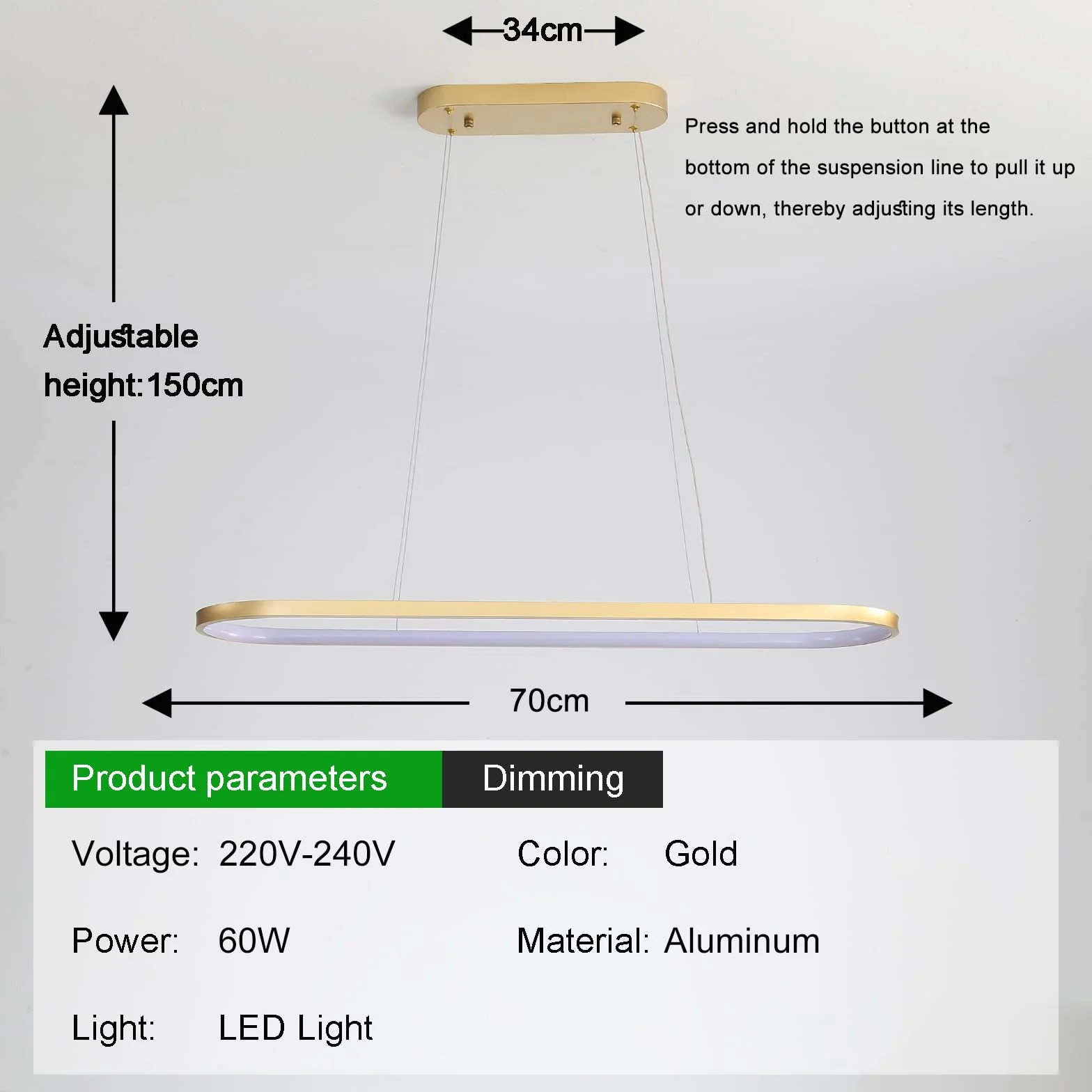 Owalna lampa wisząca LED z możliwością regulacji jasności, wisząca lampa z pierścieniem, lampa wisząca z możliwością regulacji wysokości, nowoczesna lampa stołowa z pilotem, regulowana