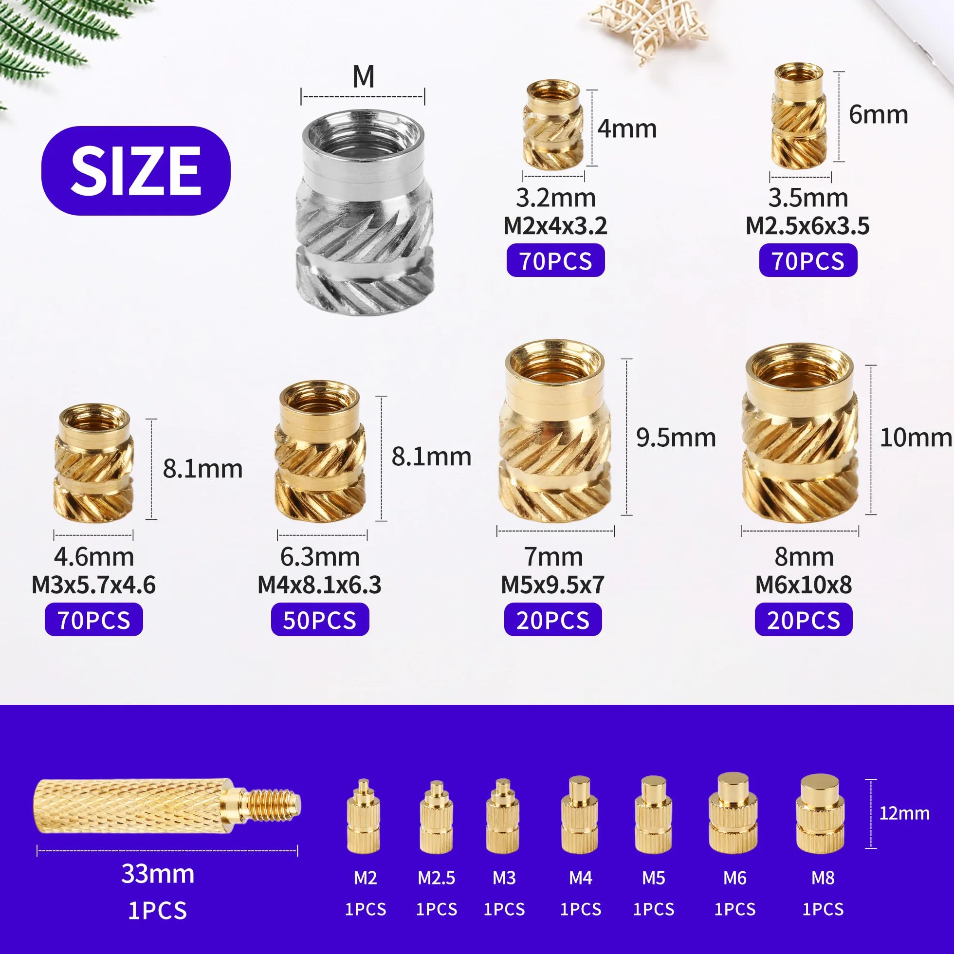Zestaw 308 kawałków wkładek gwintowych z plastikowymi pudełkami, do drukowania 3D M2 M2.5 M3 M4 M5 M6 Nić topnienia wykonana z mosiądzu z pomocą topnienia