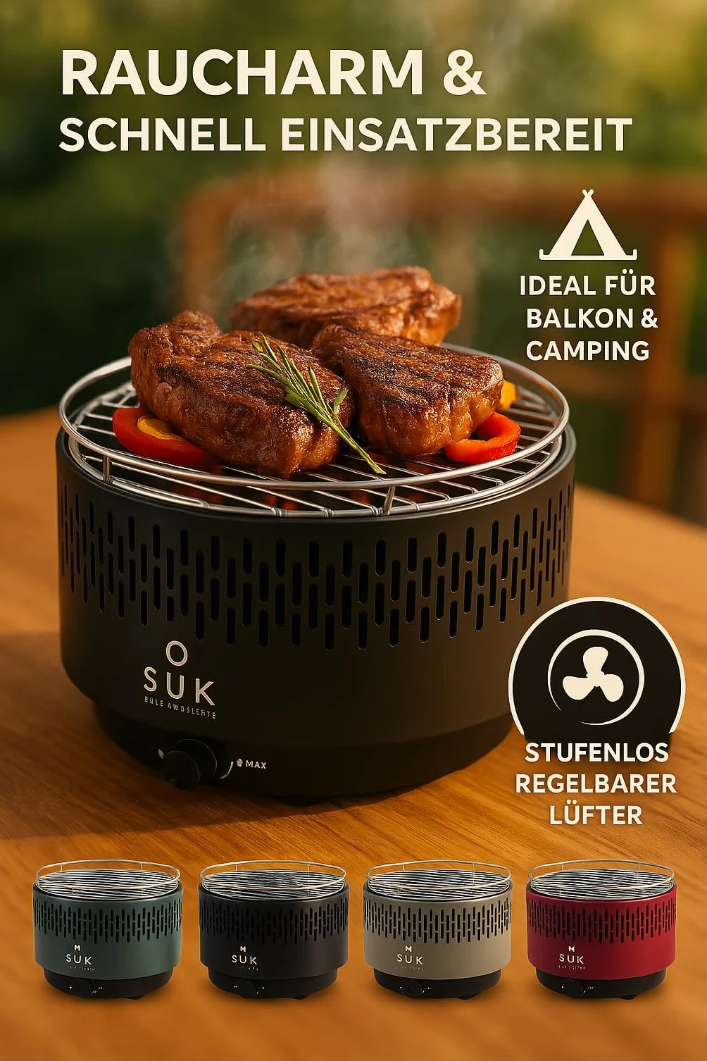 Grill stołowy na węgiel drzewny z wentylatorem BBQ Outdoor czarny