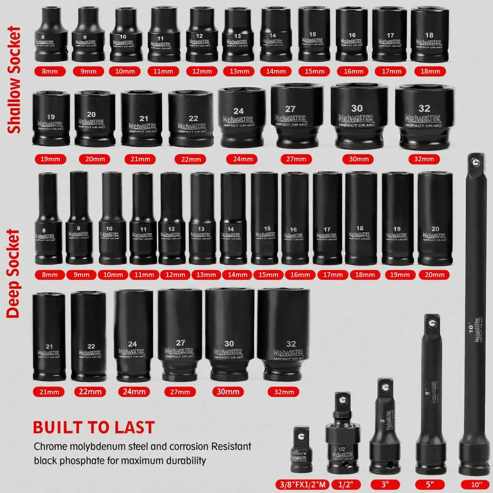 Zestaw nasadek udarowych, 8-32mm 1/2", 43 szt. nasadek udarowych, rozmiary metryczne 8 do 32 mm, 43-częściowy asortyment głęboki i płytki, stal CR-MO, przedłużacze, przegub uniwersalny i adapter