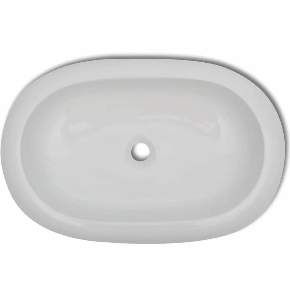 Ceramiczna umywalka owalna biała z zestawem baterii mieszającej | Wykończenie na wysoki połysk, otwór odpływowy 4,5 cm, konstrukcja z mosiądzu, chromowana powierzchnia, akcesoria montażowe