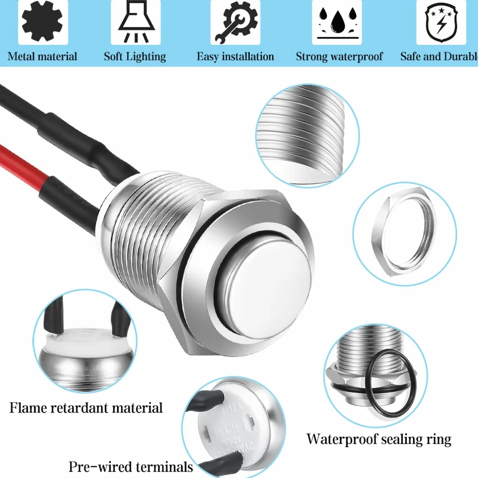 Gebildet 3 Sztuki Wodoszczelnych Przycisków Przyciskowych Blokady Wyłącznik Ciśnieniowy stal Szlachetna Przycisk wł. 12 mm 2 A/12 V/24 V/125 V/250 V z Drutem (Wystający)