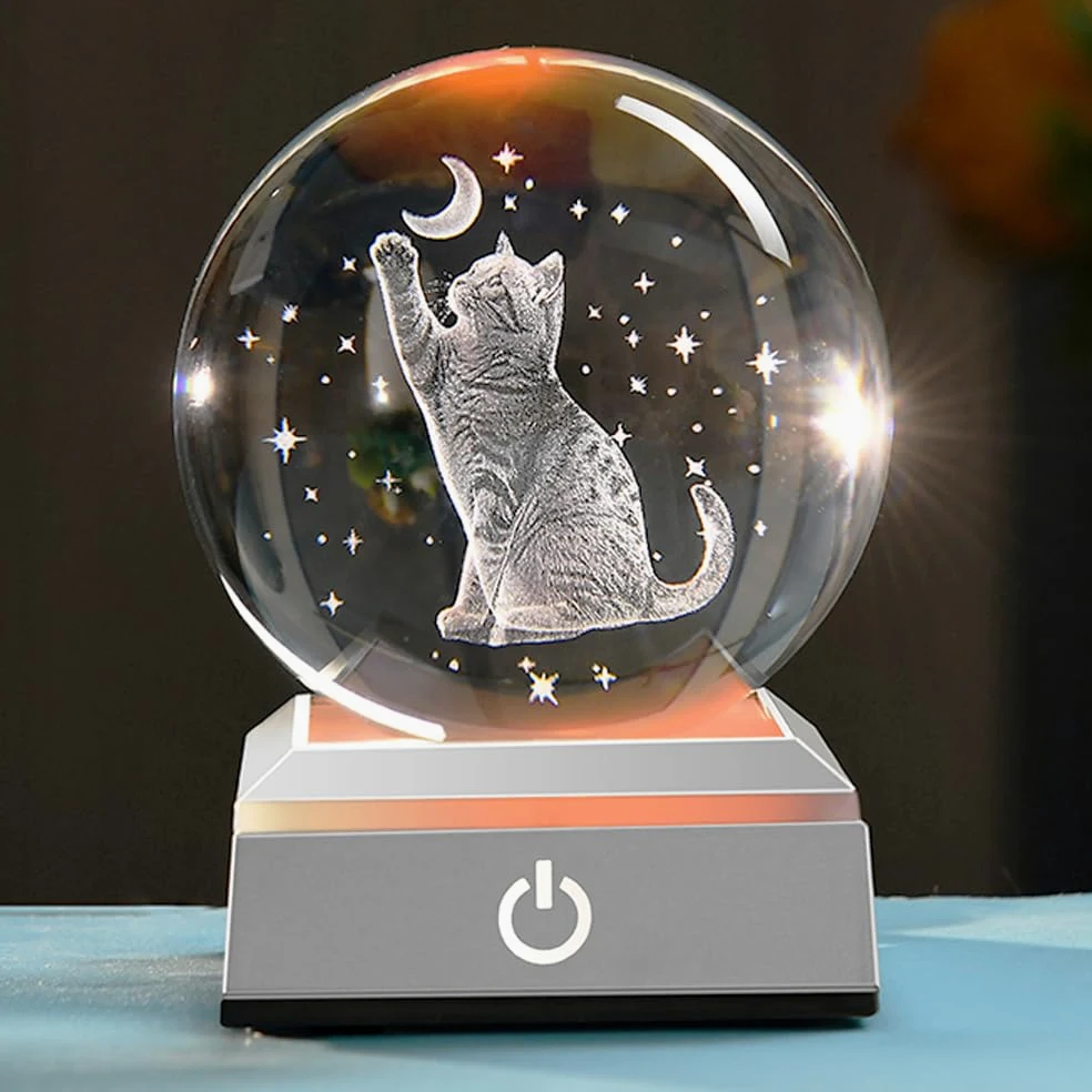 3D kot kryształowa kula prezenty dla miłośników kotów lampka nocna szklana lampa dla kota z księżycem gwiazda kot powiązane kule prezenty dla kota prezenty 80 mm kot kula kot rzeczy z