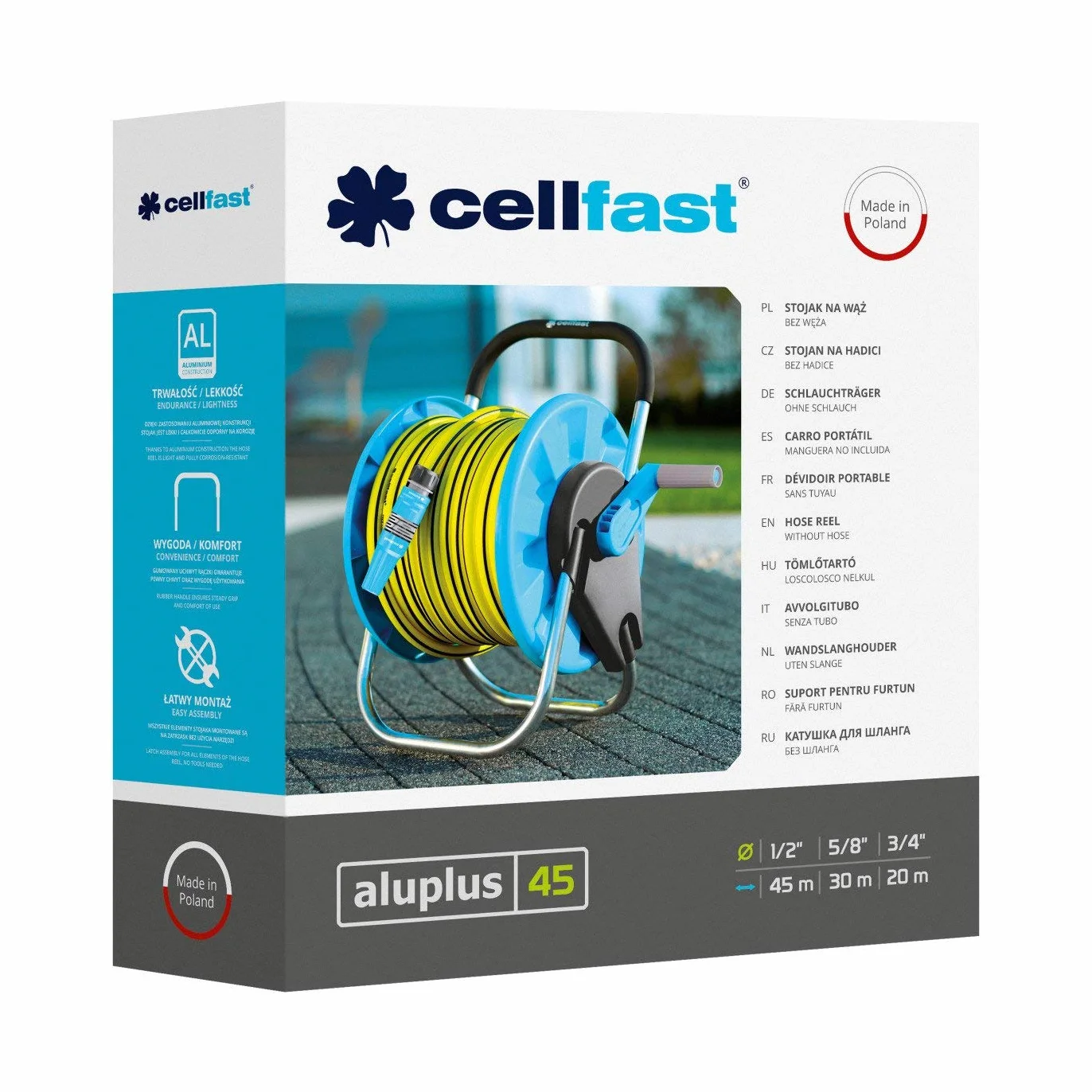 CELLFAST Stojak Na Wąż Ogrodowy Bęben Na Wąż Odporny Na Korozję Zapobiega Skręcaniu Węża 1/2" 45 m Aluplus