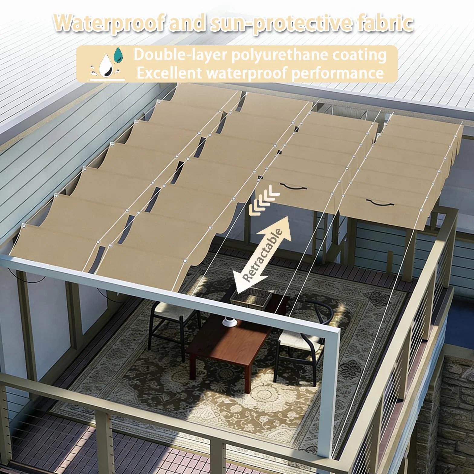 Rozwijany żagiel przeciwsłoneczny Wave, baldachim markizy Wave z oczkami i linką, regulowana osłona przeciwsłoneczna, wodoodporna pergola zewnętrzna do ogrodu, patio, trawnika-Khaki||50x400cm