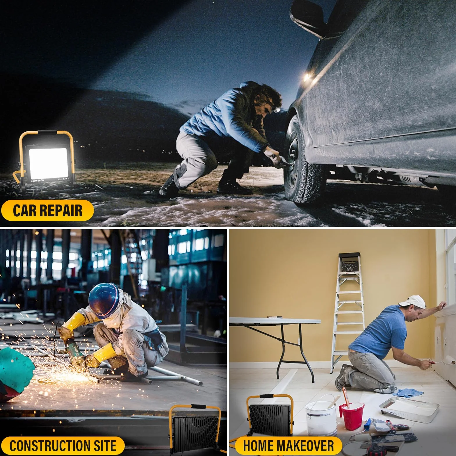 RIGIDON Przenośna lampa robocza LED, 200 W, 20000 lumenów, 175 V do 265 V, oświetlenie placu budowy, światło przeciwpowodziowe do domu, warsztatu, garażu, ogrodu, bezpieczeństwa na zewnątrz, 6000 K | 20000 lm, kabel 3 m, 6000K biały, wodoodporny IP66, ref