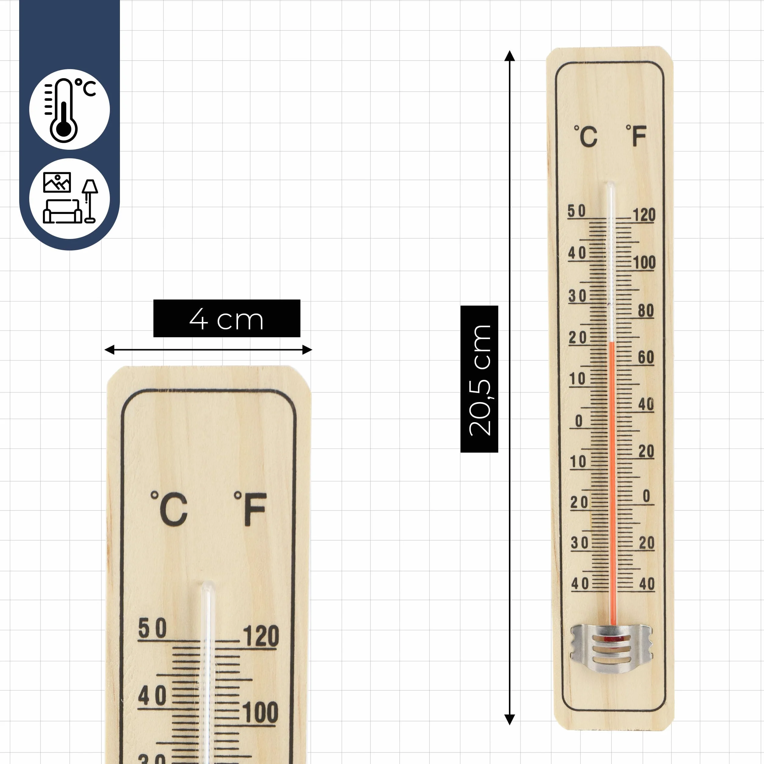 Termometr drewniany zewnętrzny wewnętrzny -40 +50°C 20,5x4x0,8 cm na wieszak