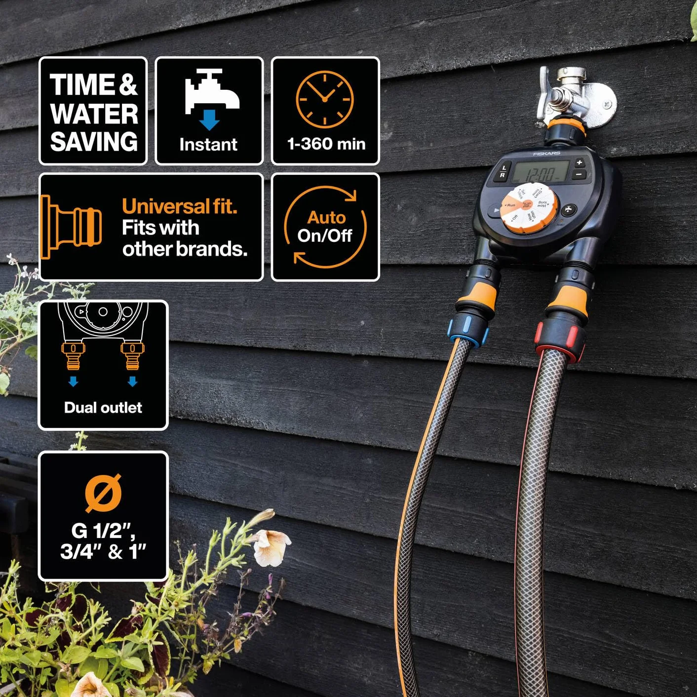 Fiskars Sterownik nawadniania Podwójny Uniwersalny rozmiar wyświetlacz LCD Czarny Pomarańczowy