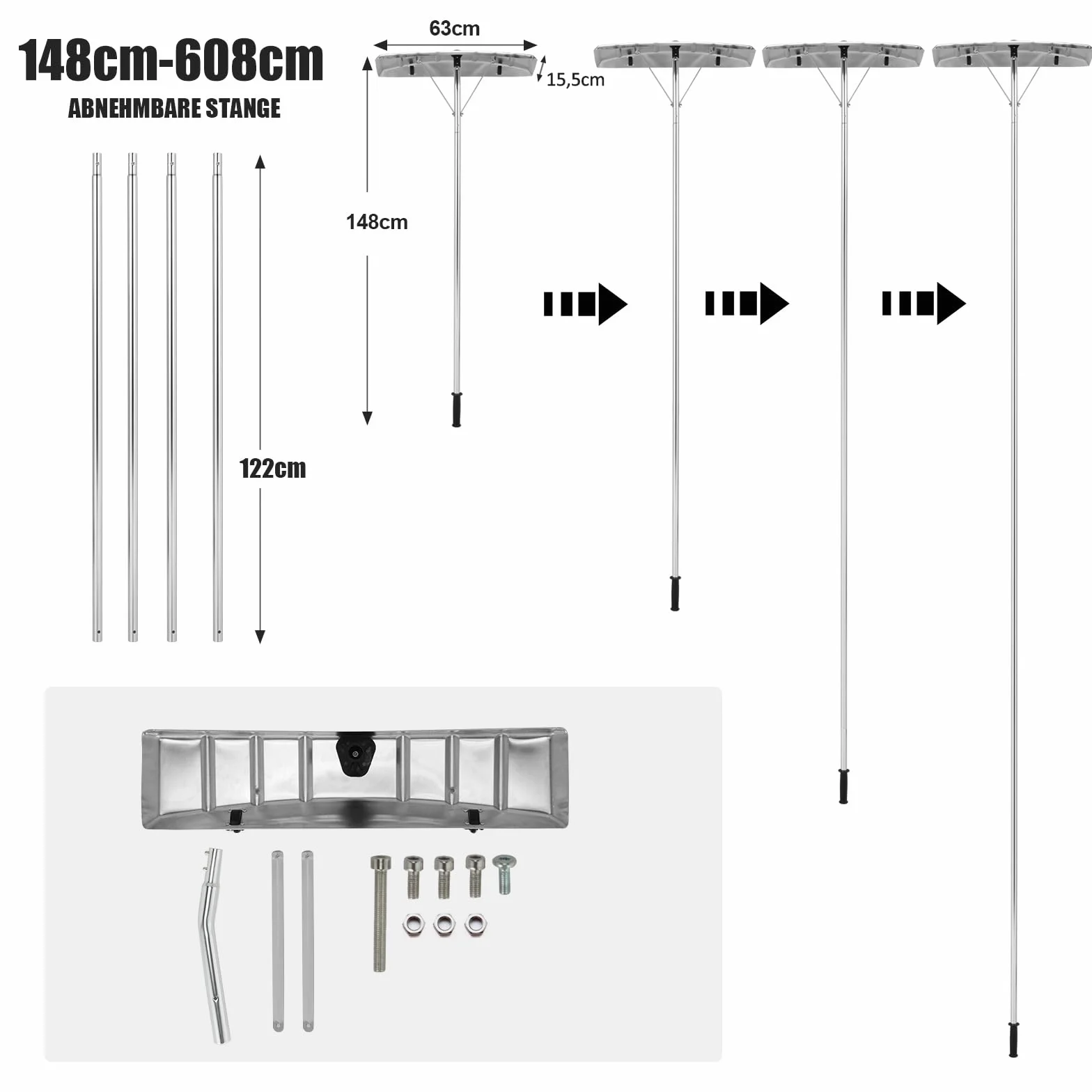 COSTWAY Łopata do śniegu z rolkami, aluminium, antypoślizgowy uchwyt, 148-608 cm, do dachu i instalacji solarnych